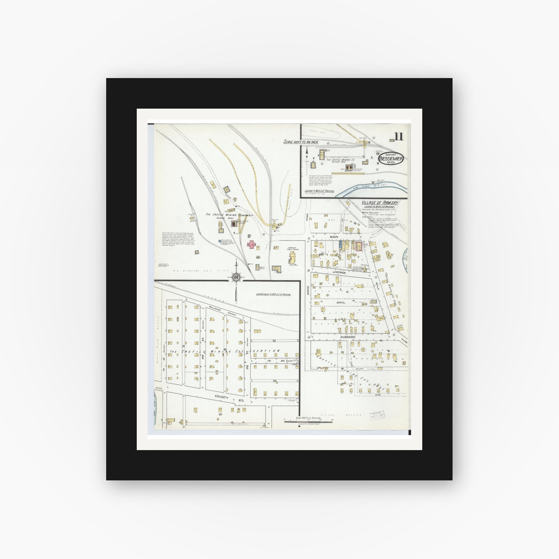 Old map wall art mockup — black gallery frame with white mat — Sanborn Fire Insurance Map from Bessemer, Gogebic County, Michigan (1917), Sheet #0011