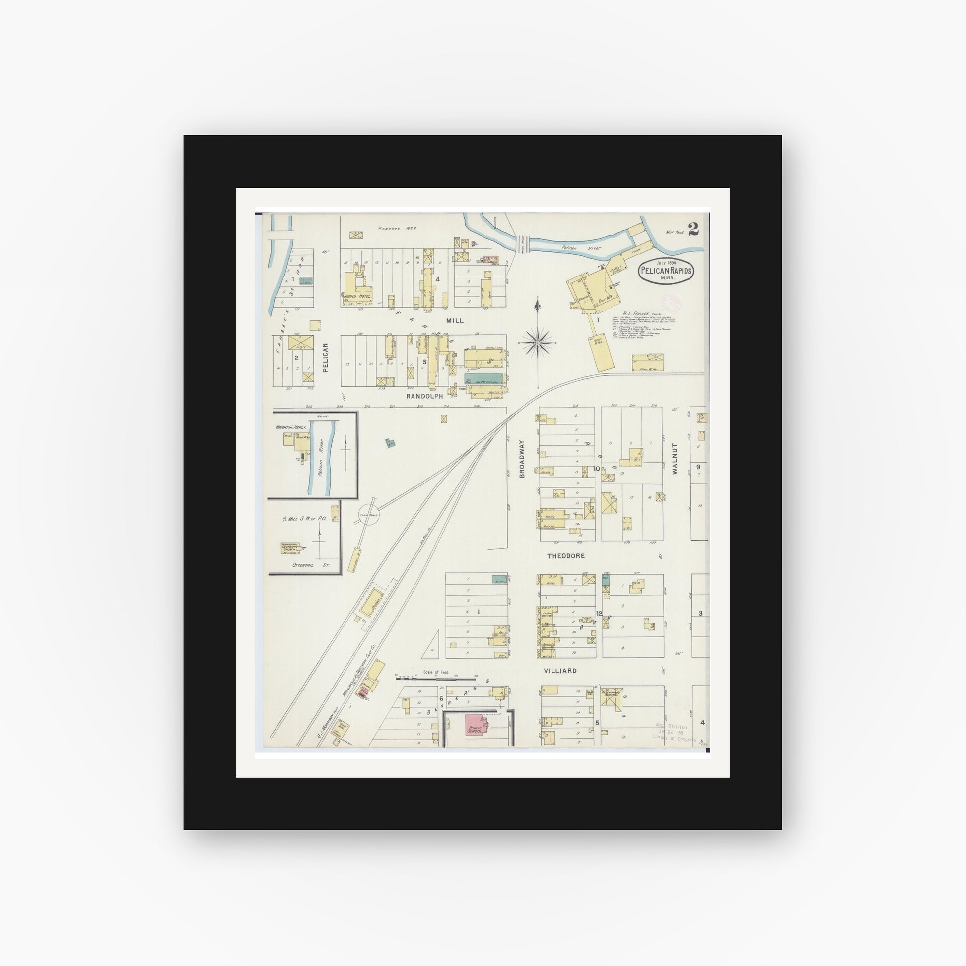 Old map wall art mockup — black gallery frame with white mat — Sanborn Fire Insurance Map from Pelican Rapids, Otter Tail County, Minnesota (1894), Sheet #0002
