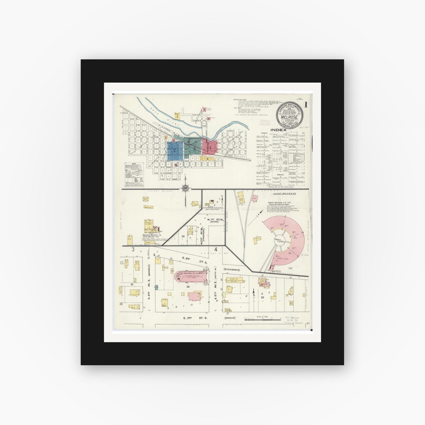 Old map wall art mockup — black gallery frame with white mat — Sanborn Fire Insurance Map from Melrose, Stearns County, Minnesota (1909) - Complete Map Set
