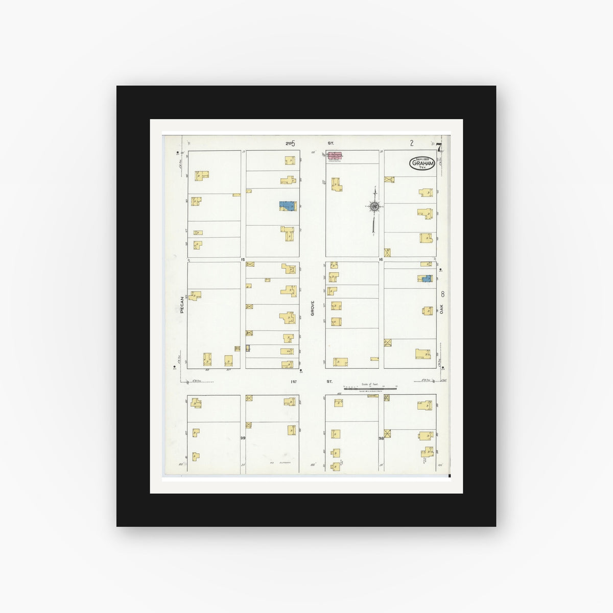 Old map wall art mockup — black gallery frame with white mat — Sanborn Fire Insurance Map from Graham, Young County, Texas (1920), Sheet #0007