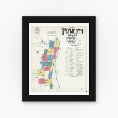 Old map wall art mockup — black gallery frame with white mat — Sanborn Fire Insurance Map from Plymouth, Luzerne County, Pennsylvania (1902) - Complete Map Set
