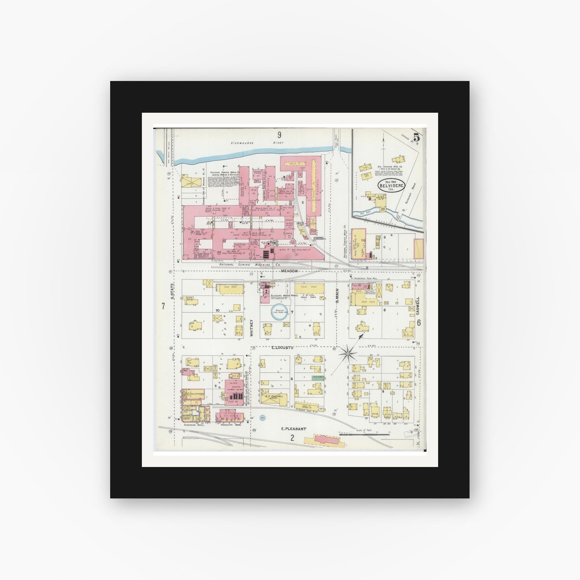Old map wall art mockup — black gallery frame with white mat — Sanborn Fire Insurance Map from Belvidere, Boone County, Illinois (1904), Sheet #0005