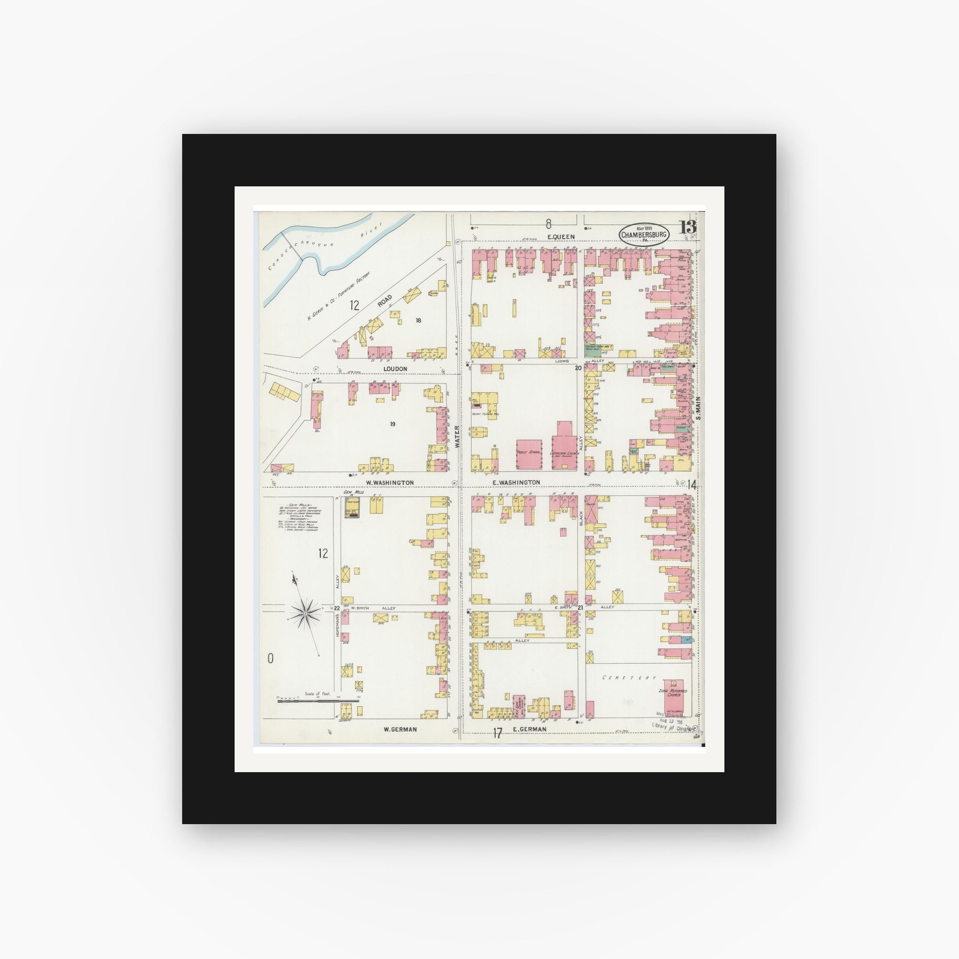 Old map wall art mockup — black gallery frame with white mat — Sanborn Fire Insurance Map from Chambersburg, Franklin County, Pennsylvania (1899), Sheet #0013