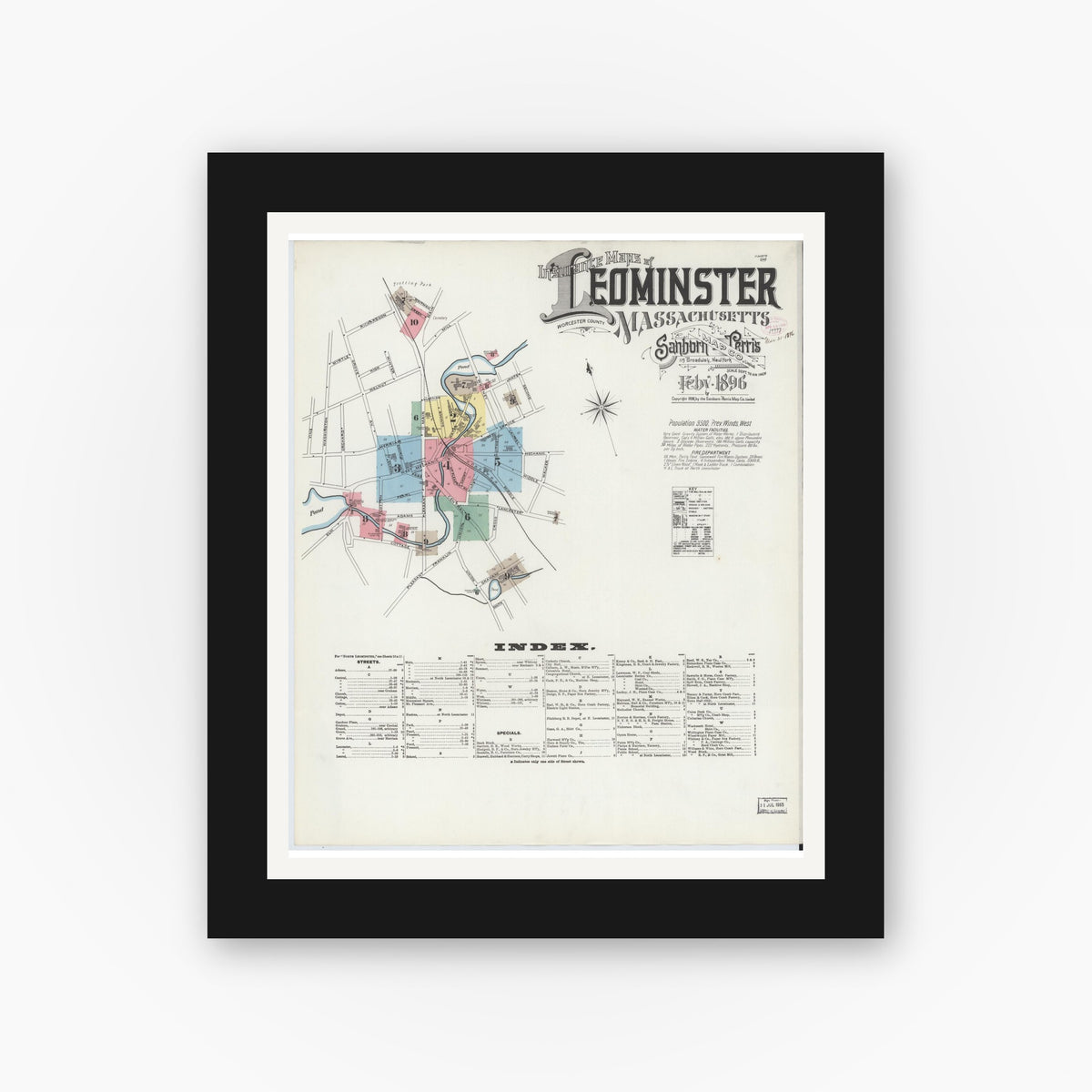 Old map wall art mockup — black gallery frame with white mat — Sanborn Fire Insurance Map from Leominster, Worcester County, Massachusetts (1896) - Complete Map Set
