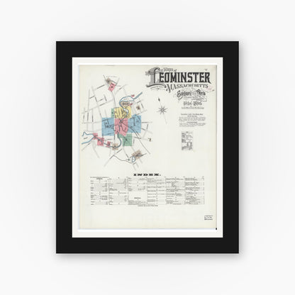 Old map wall art mockup — black gallery frame with white mat — Sanborn Fire Insurance Map from Leominster, Worcester County, Massachusetts (1896) - Complete Map Set