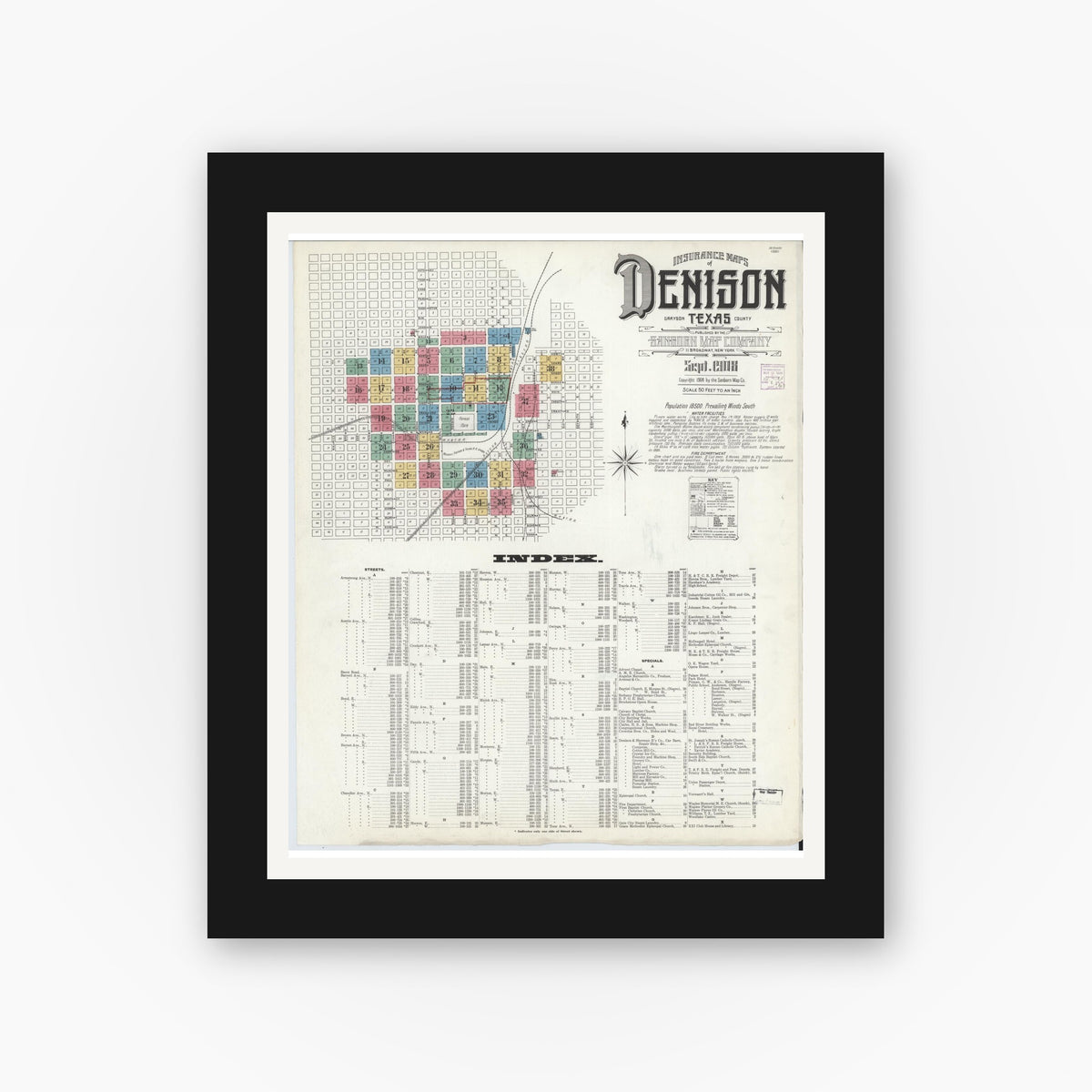 Old map wall art mockup — black gallery frame with white mat — Sanborn Fire Insurance Map from Denison, Grayson County, Texas (1908) - Complete Map Set