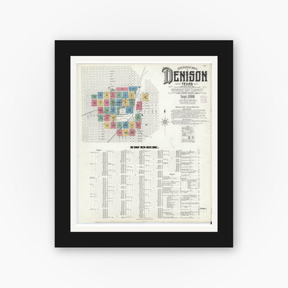 Old map wall art mockup — black gallery frame with white mat — Sanborn Fire Insurance Map from Denison, Grayson County, Texas (1908) - Complete Map Set