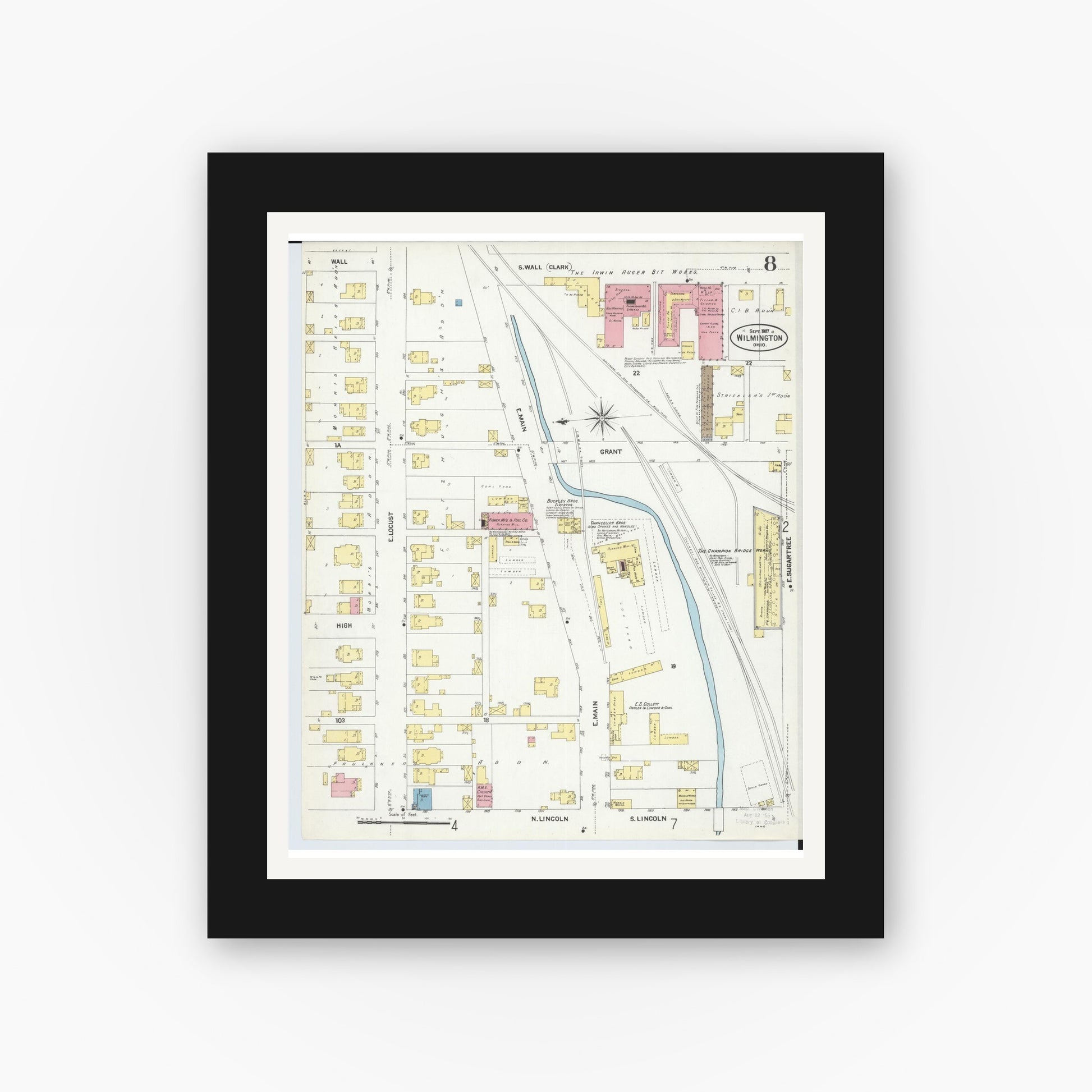 Old map wall art mockup — black gallery frame with white mat — Sanborn Fire Insurance Map from Wilmington, Clinton County, Ohio (1907), Sheet #0008