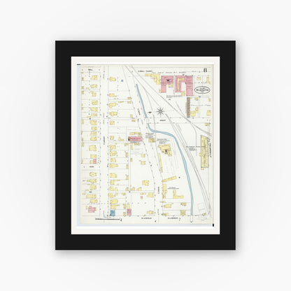 Old map wall art mockup — black gallery frame with white mat — Sanborn Fire Insurance Map from Wilmington, Clinton County, Ohio (1907), Sheet #0008