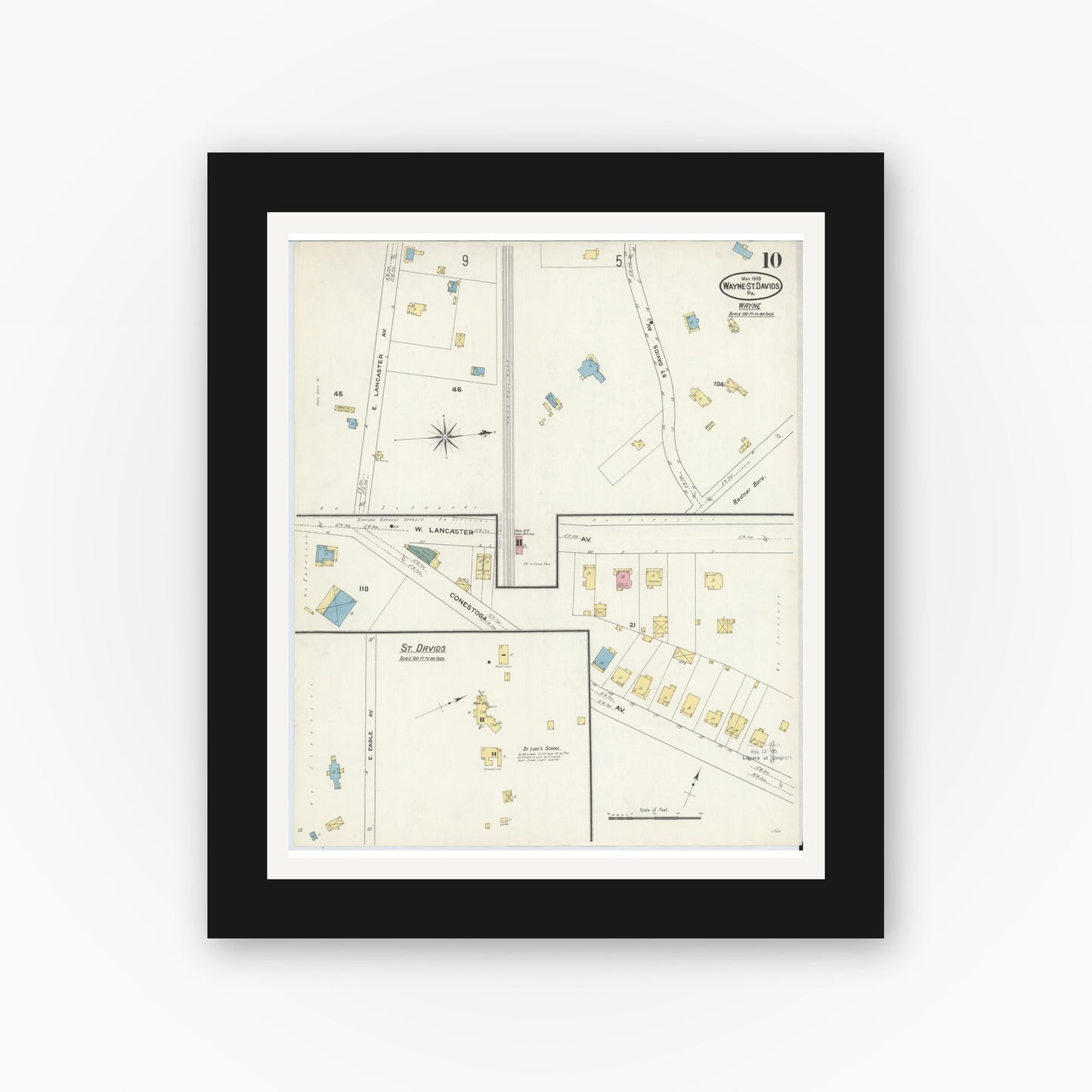 Old map wall art mockup — black gallery frame with white mat — Sanborn Fire Insurance Map from Wayne, Delaware County, Pennsylvania (1909), Sheet #0010