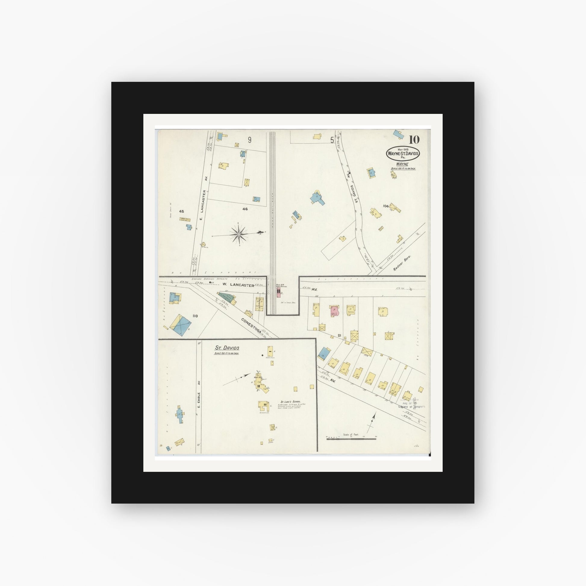 Old map wall art mockup — black gallery frame with white mat — Sanborn Fire Insurance Map from Wayne, Delaware County, Pennsylvania (1909), Sheet #0010
