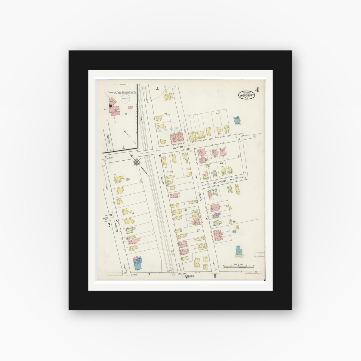 Old map wall art mockup — black gallery frame with white mat — Sanborn Fire Insurance Map from Woodbury, Gloucester County, New Jersey (1915), Sheet #0004
