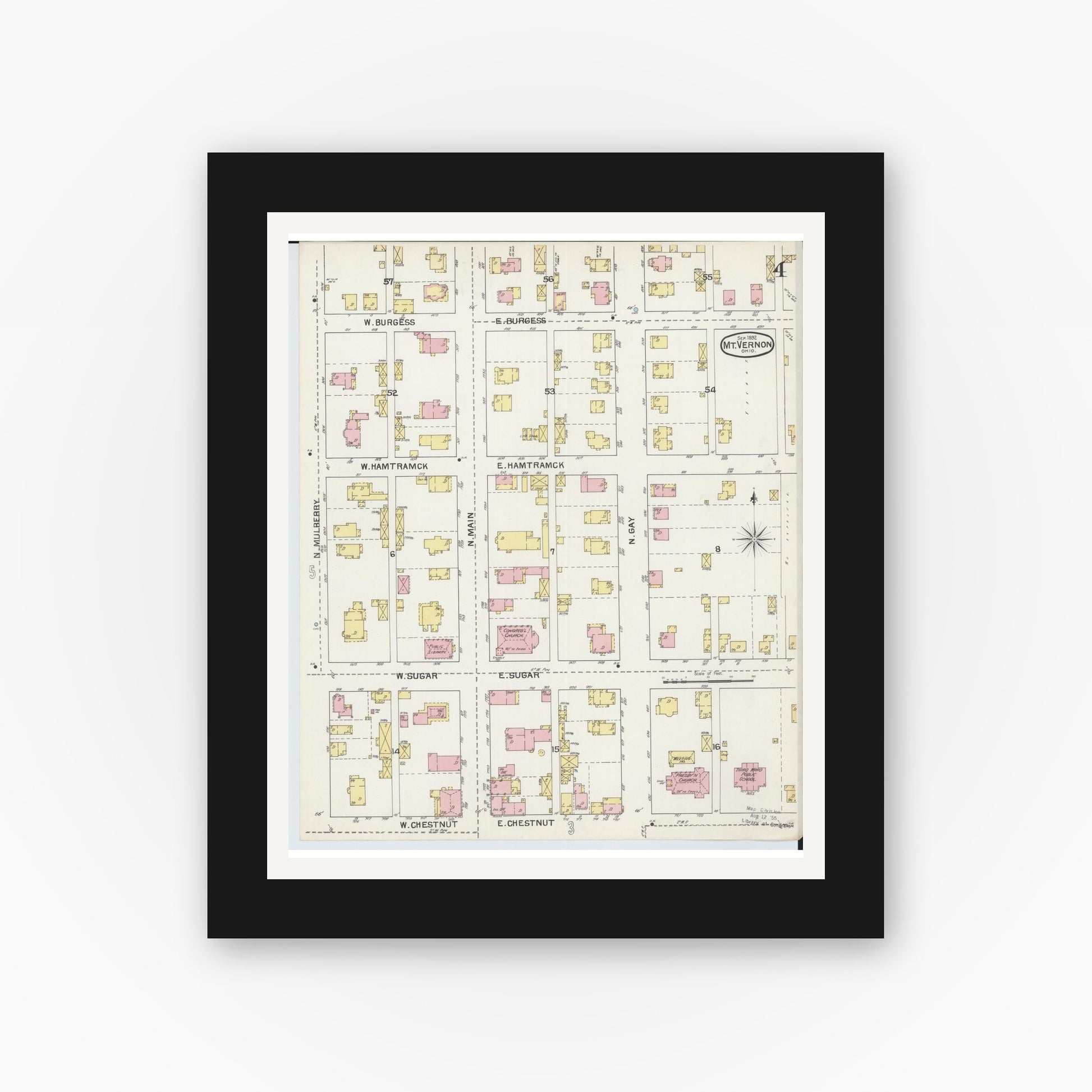 Old map wall art mockup — black gallery frame with white mat — Sanborn Fire Insurance Map from Mount Vernon, Knox County, Ohio (1892), Sheet #0004