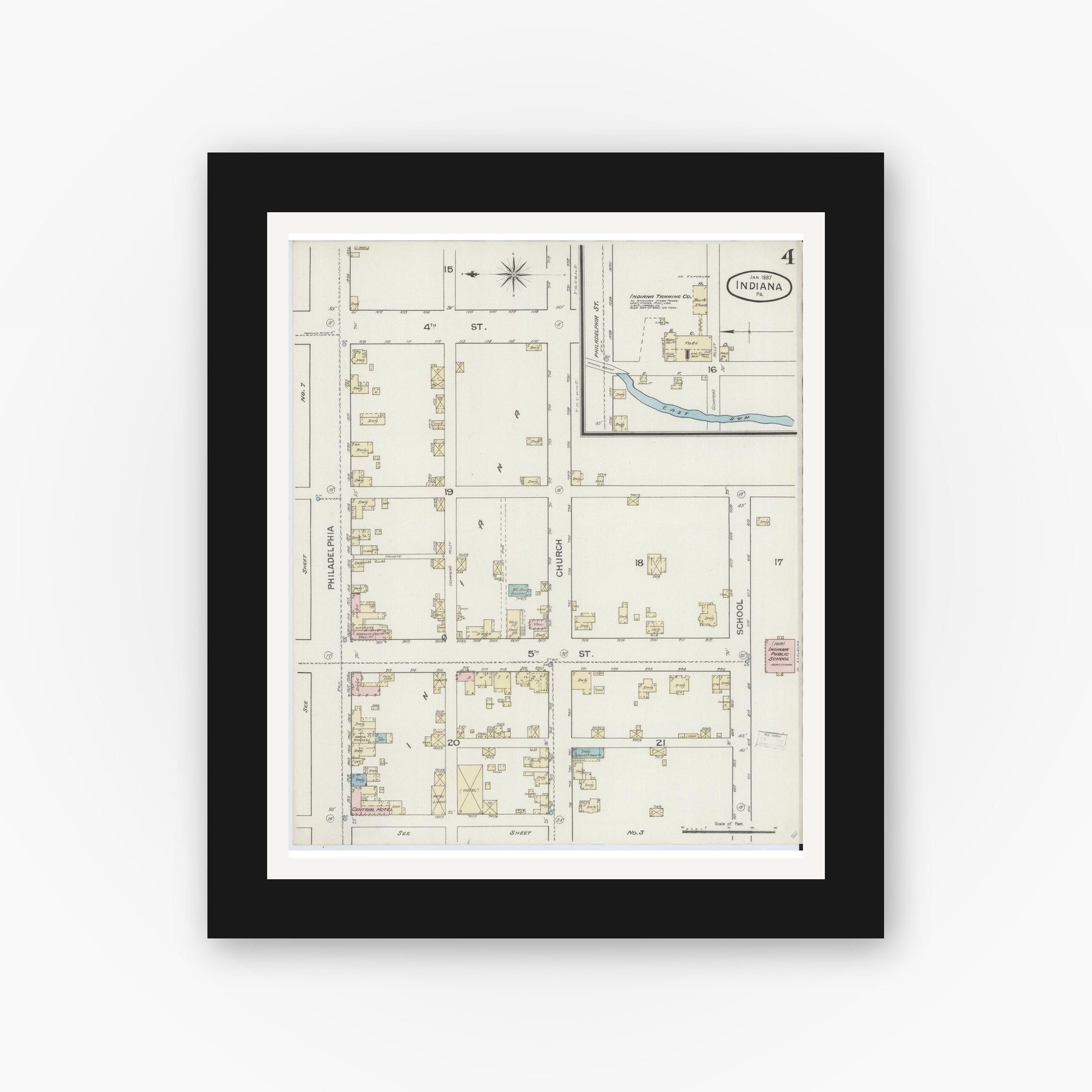 Old map wall art mockup — black gallery frame with white mat — Sanborn Fire Insurance Map from Indiana, Indiana County, Pennsylvania (1887), Sheet #0004