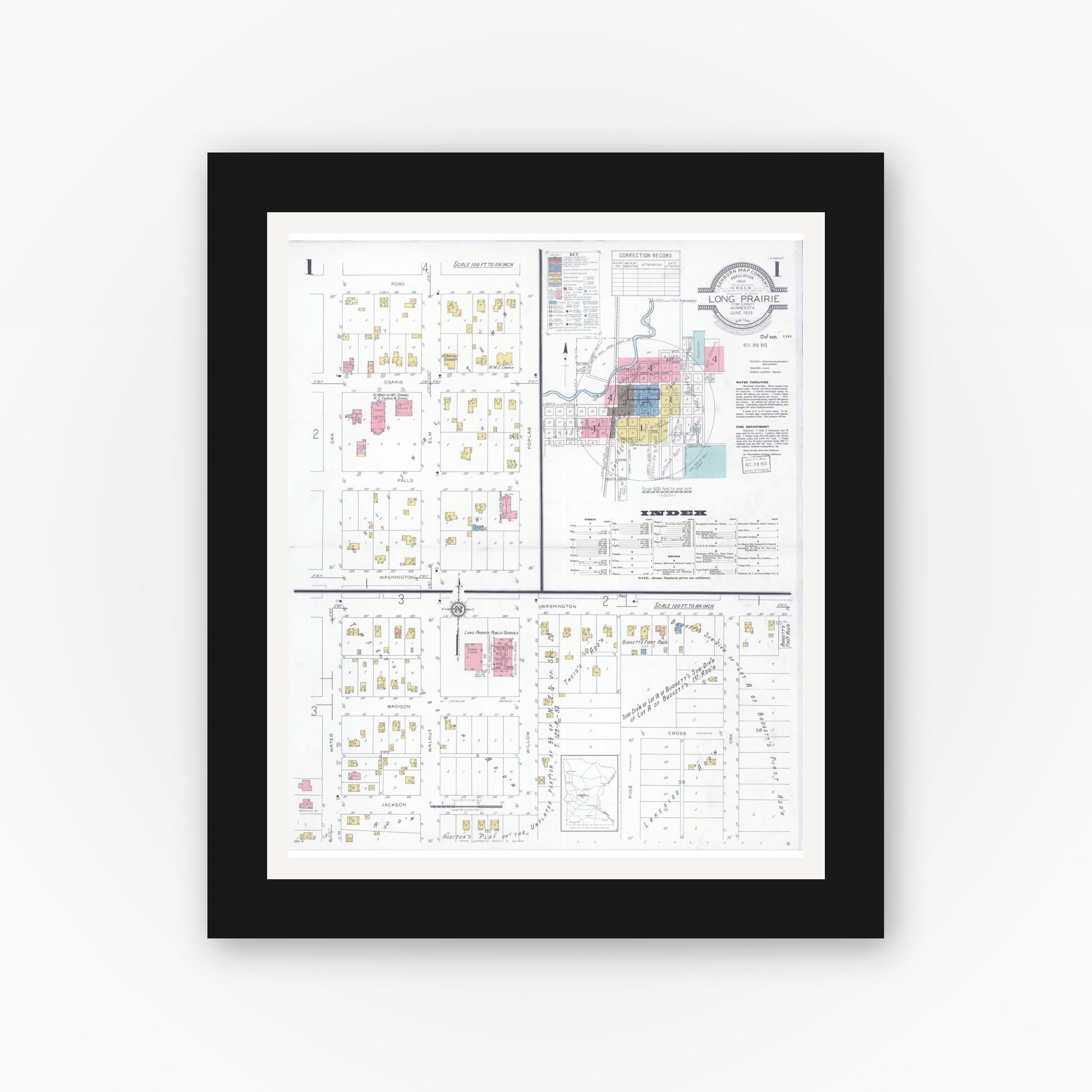 Old map wall art mockup — black gallery frame with white mat — Sanborn Fire Insurance Map from Long Prairie, Todd County, Minnesota (1933) - Complete Map Set