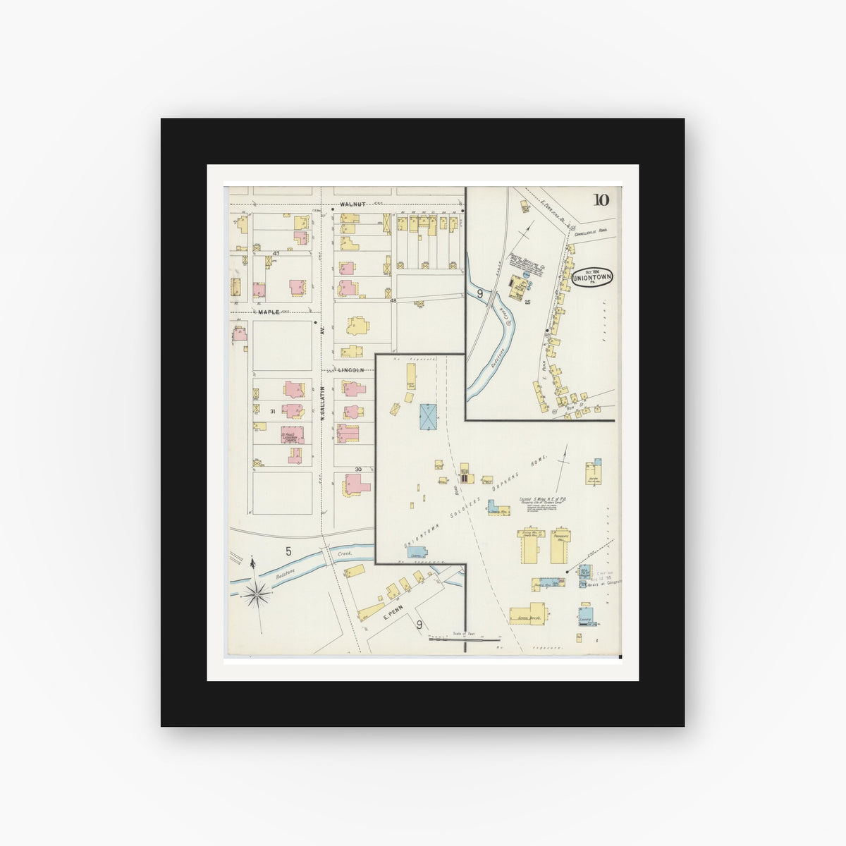 Old map wall art mockup — black gallery frame with white mat — Sanborn Fire Insurance Map from Uniontown, Fayette County, Pennsylvania (1896), Sheet #0010