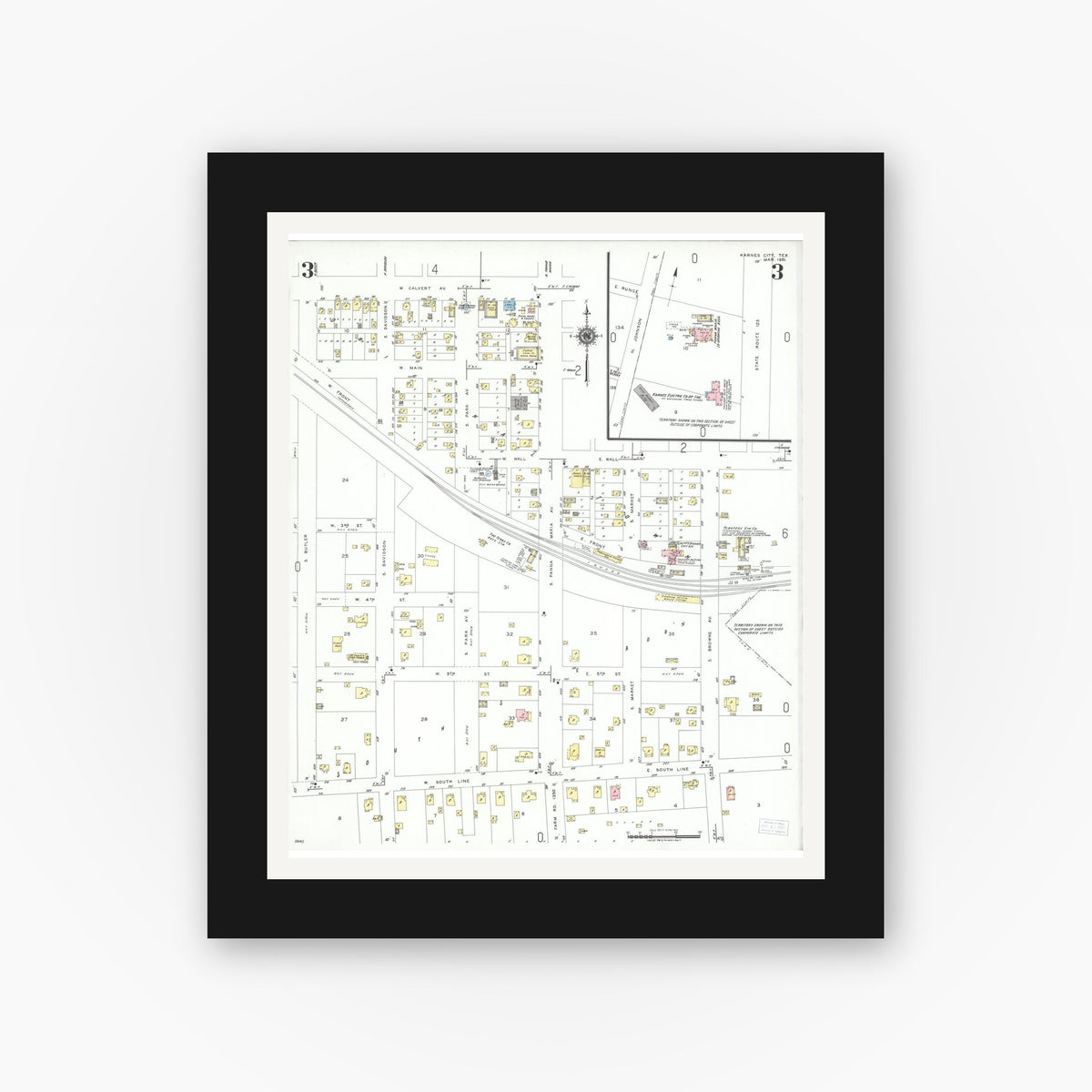 Old map wall art mockup — black gallery frame with white mat — Sanborn Fire Insurance Map from Karnes City, Karnes County, Texas (1951), Sheet #0003