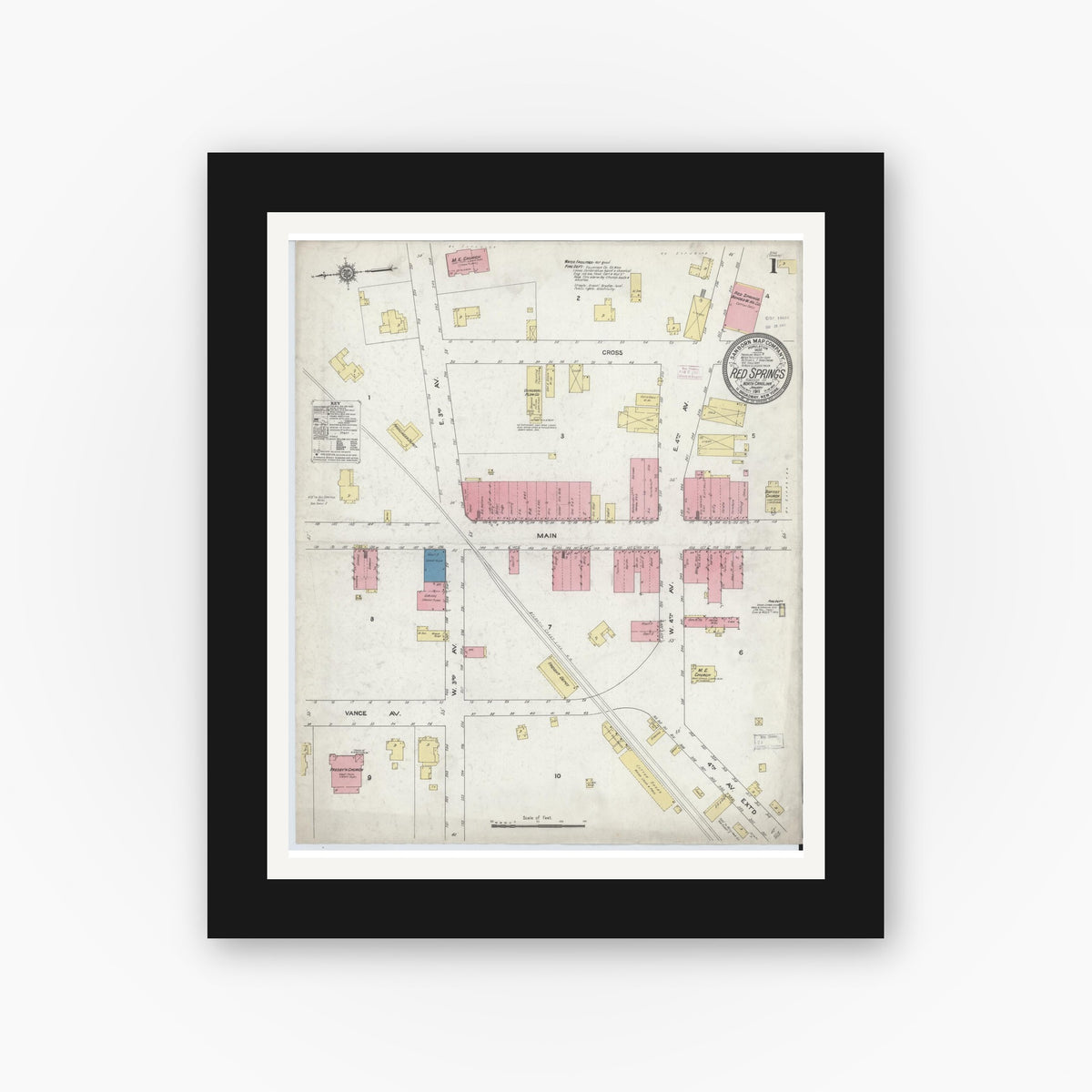 Old map wall art mockup — black gallery frame with white mat — Sanborn Fire Insurance Map from Red Springs, Robeson County, North Carolina (1911) - Complete Map Set