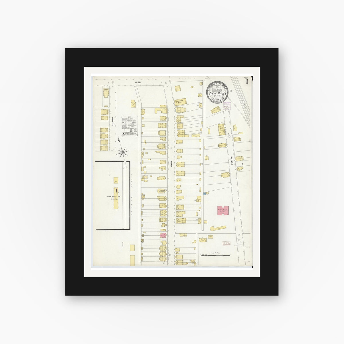 Old map wall art mockup — black gallery frame with white mat — Sanborn Fire Insurance Map from York Haven, York County, Pennsylvania (1908) - Complete Map Set