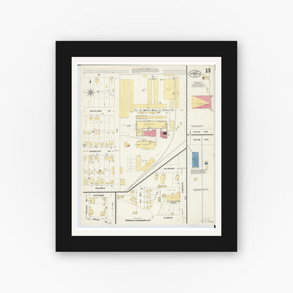 Old map wall art mockup — black gallery frame with white mat — Sanborn Fire Insurance Map from Saint Marys, Auglaize County, Ohio (1907), Sheet #0013