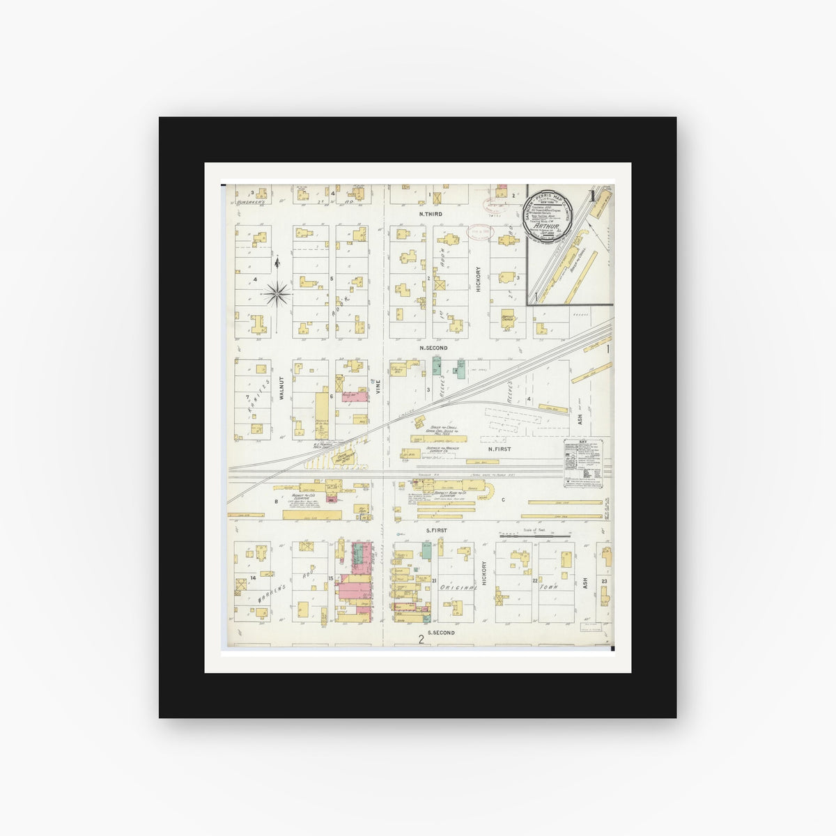 Old map wall art mockup — black gallery frame with white mat — Sanborn Fire Insurance Map from Arthur, Moultrie And Douglas Counties, Illinois (1899), Sheet #0001