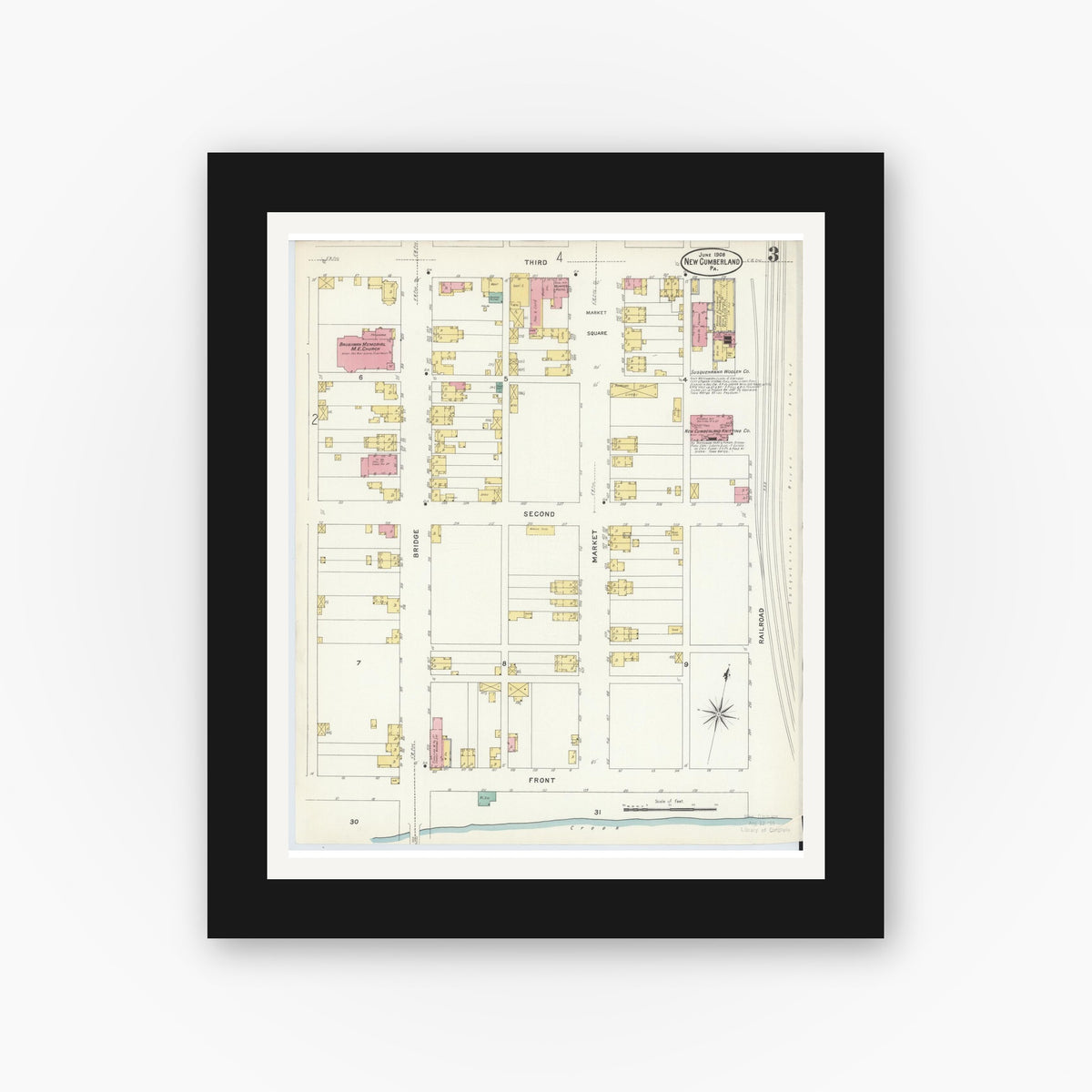 Old map wall art mockup — black gallery frame with white mat — Sanborn Fire Insurance Map from New Cumberland, Cumberland County, Pennsylvania (1908), Sheet #0003