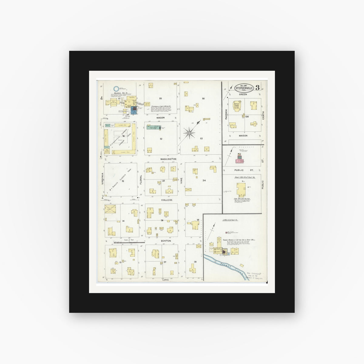 Old map wall art mockup — black gallery frame with white mat — Sanborn Fire Insurance Map from Stephenville, Erath County, Texas (1907), Sheet #0003