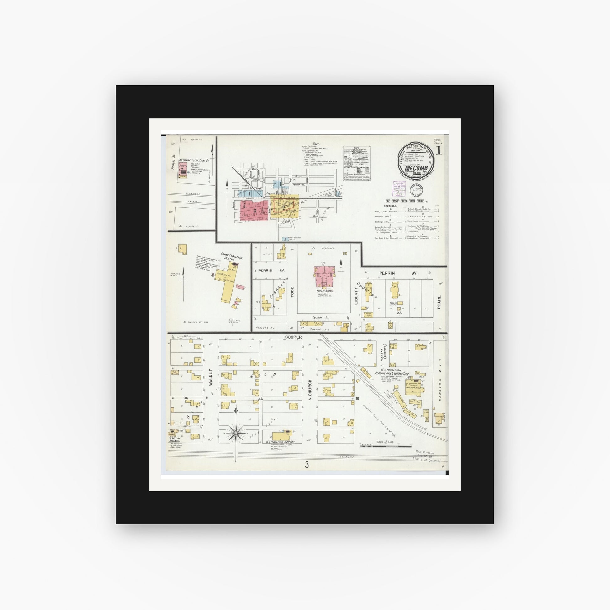 Old map wall art mockup — black gallery frame with white mat — Sanborn Fire Insurance Map from McComb, Hancock County, Ohio (1901) - Complete Map Set