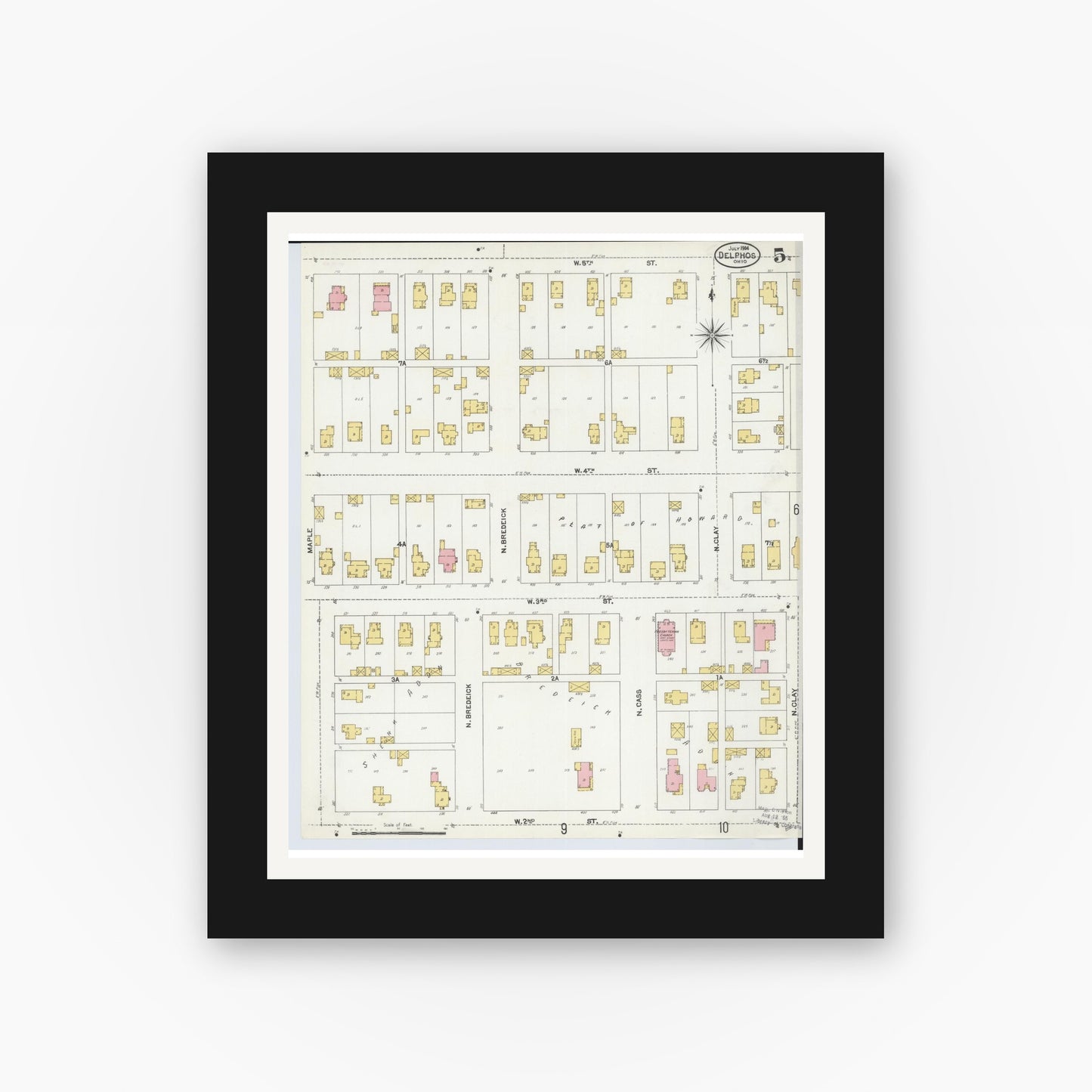 Old map wall art mockup — black gallery frame with white mat — Sanborn Fire Insurance Map from Delphos, Van Wert And Allen Counties, Ohio (1904), Sheet #0005