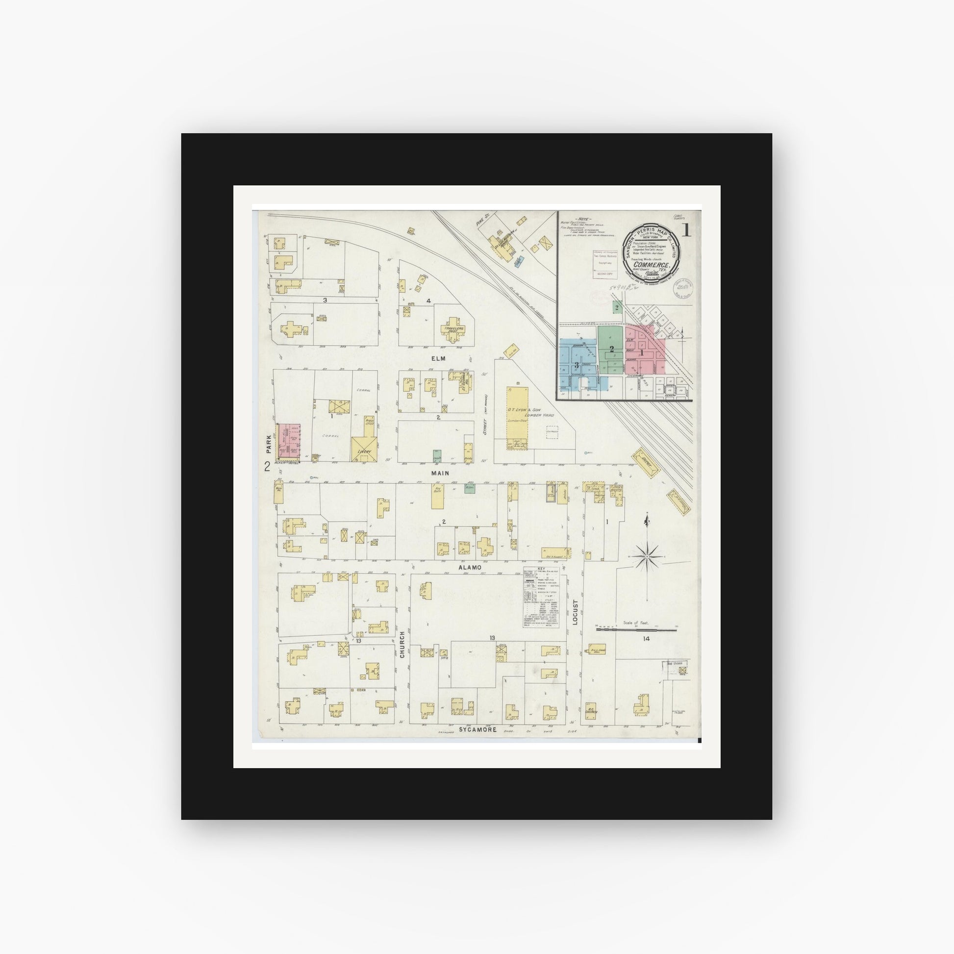 Old map wall art mockup — black gallery frame with white mat — Sanborn Fire Insurance Map from Commerce, Hunt County, Texas (1896), Sheet #0001