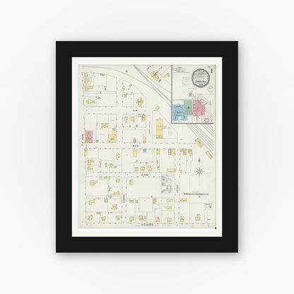 Old map wall art mockup — black gallery frame with white mat — Sanborn Fire Insurance Map from Commerce, Hunt County, Texas (1896), Sheet #0001