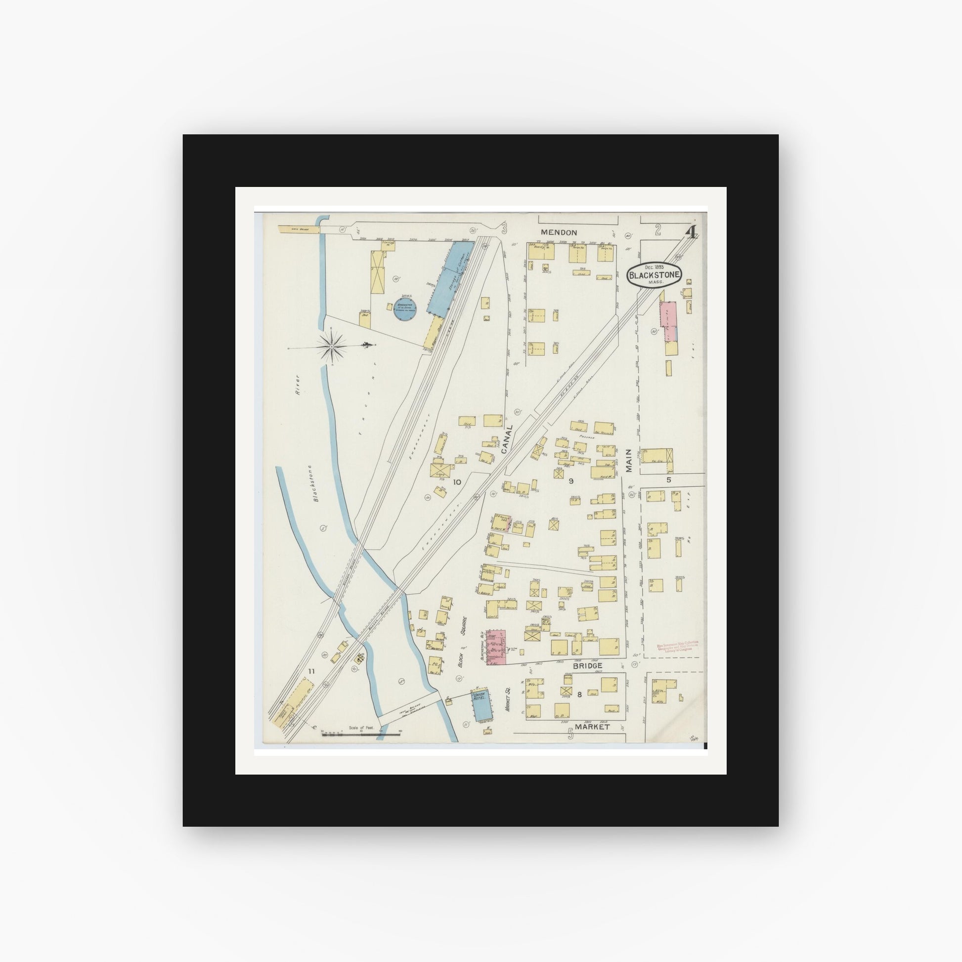 Old map wall art mockup — black gallery frame with white mat — Sanborn Fire Insurance Map from Blackstone, Worcester County, Massachusetts (1893), Sheet #0004