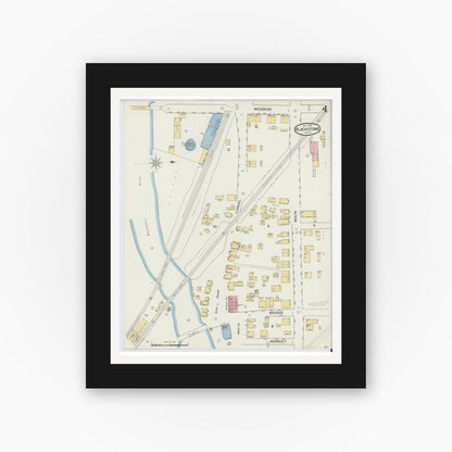 Old map wall art mockup — black gallery frame with white mat — Sanborn Fire Insurance Map from Blackstone, Worcester County, Massachusetts (1893), Sheet #0004