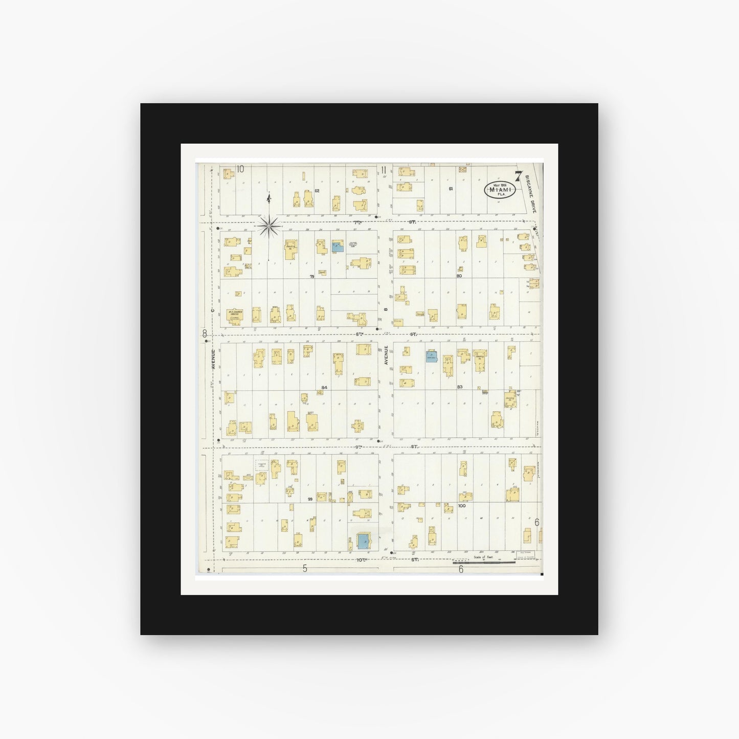 Old map wall art mockup — black gallery frame with white mat — Sanborn Fire Insurance Map from Miami, Dade County, Florida (1906), Sheet #0007