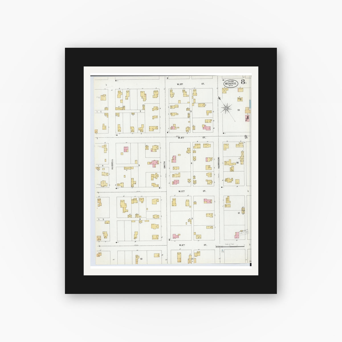 Old map wall art mockup — black gallery frame with white mat — Sanborn Fire Insurance Map from Monroe, Monroe County, Michigan (1899), Sheet #0008