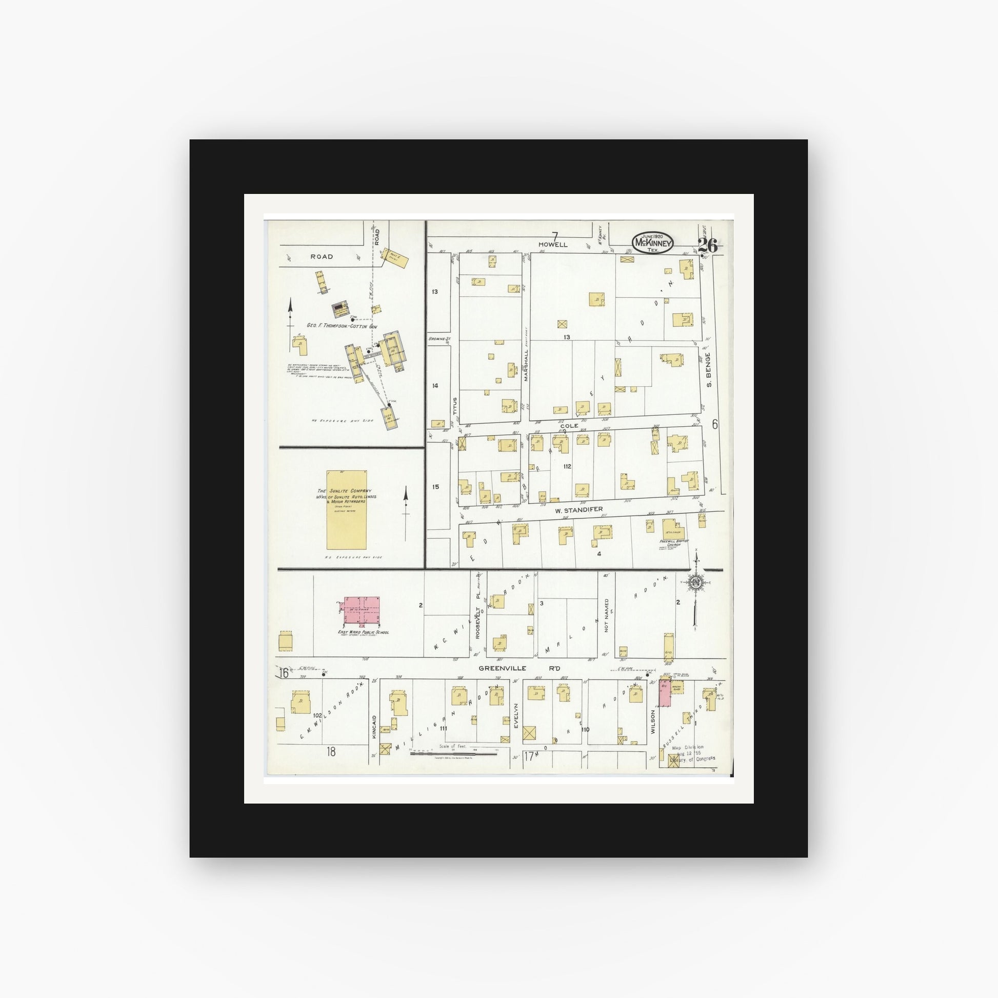 Old map wall art mockup — black gallery frame with white mat — Sanborn Fire Insurance Map from McKinney, Collin County, Texas (1920), Sheet #0026