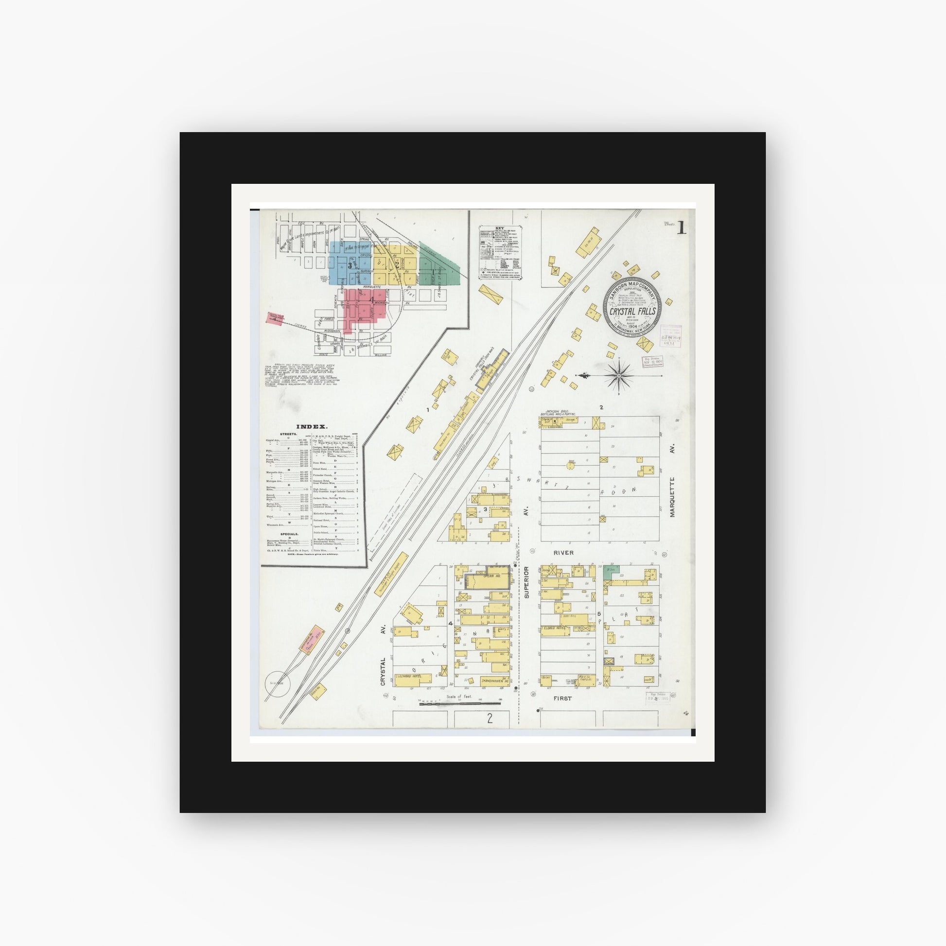 Old map wall art mockup — black gallery frame with white mat — Sanborn Fire Insurance Map from Crystal Falls, Iron County, Michigan (1904) - Complete Map Set