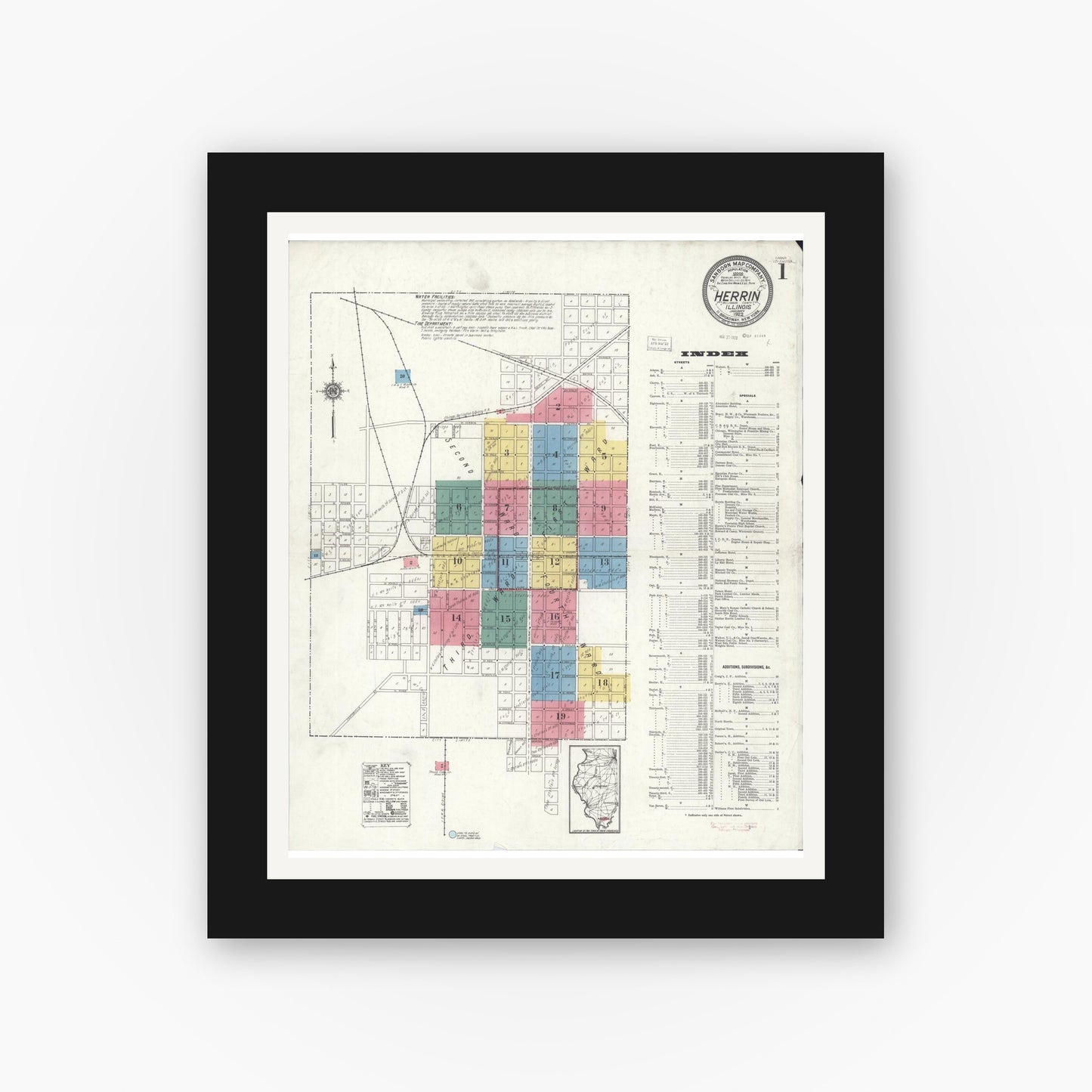 Old map wall art mockup — black gallery frame with white mat — Sanborn Fire Insurance Map from Herrin, Williamson County, Illinois (1922) - Complete Map Set