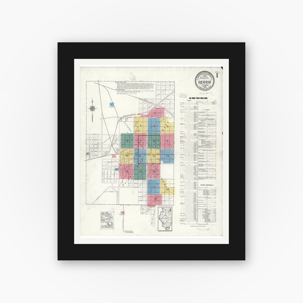Old map wall art mockup — black gallery frame with white mat — Sanborn Fire Insurance Map from Herrin, Williamson County, Illinois (1922) - Complete Map Set