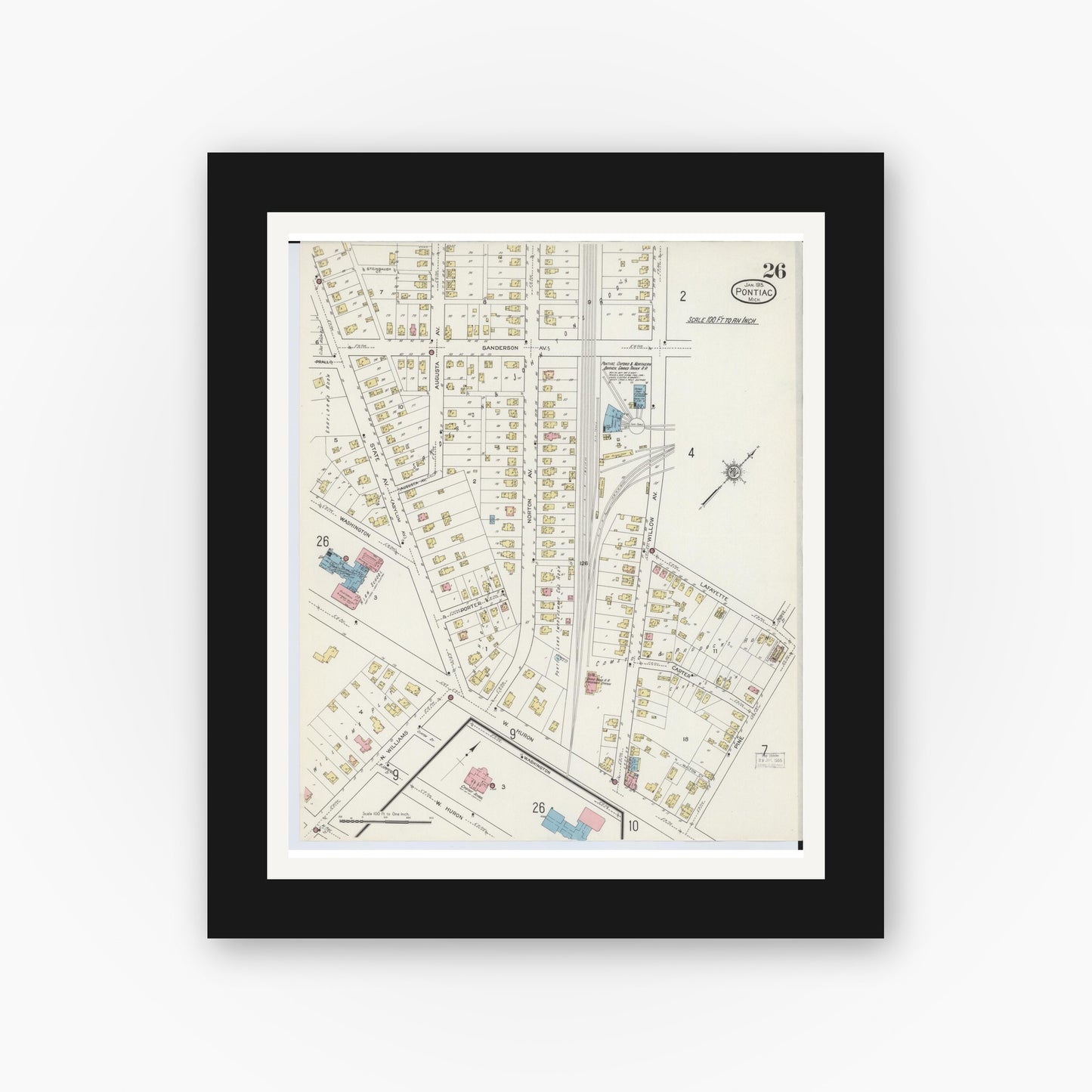 Old map wall art mockup — black gallery frame with white mat — Sanborn Fire Insurance Map from Pontiac, Oakland County, Michigan (1915), Sheet #0026