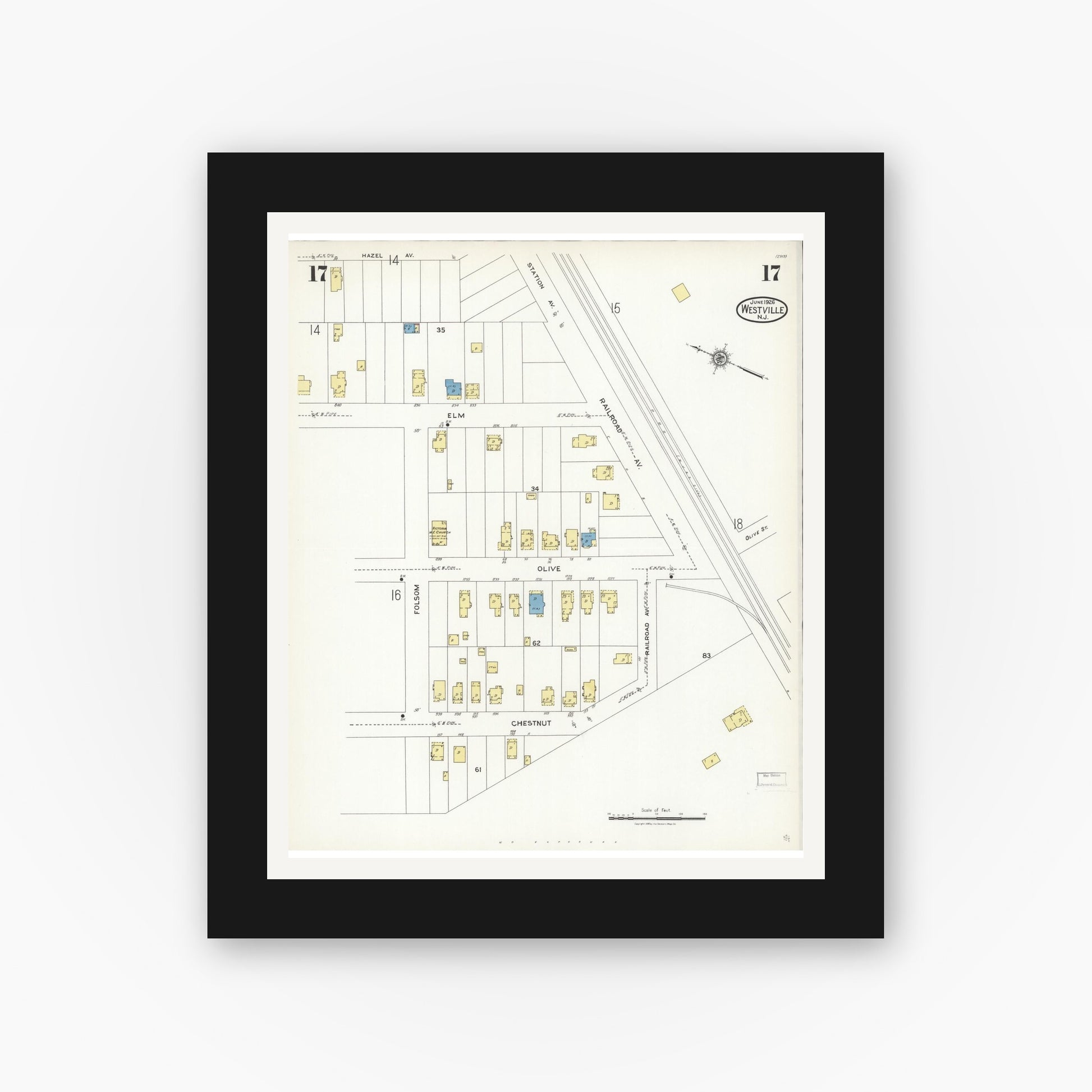 Old map wall art mockup — black gallery frame with white mat — Sanborn Fire Insurance Map from Westville, Gloucester County, New Jersey (1926), Sheet #0017