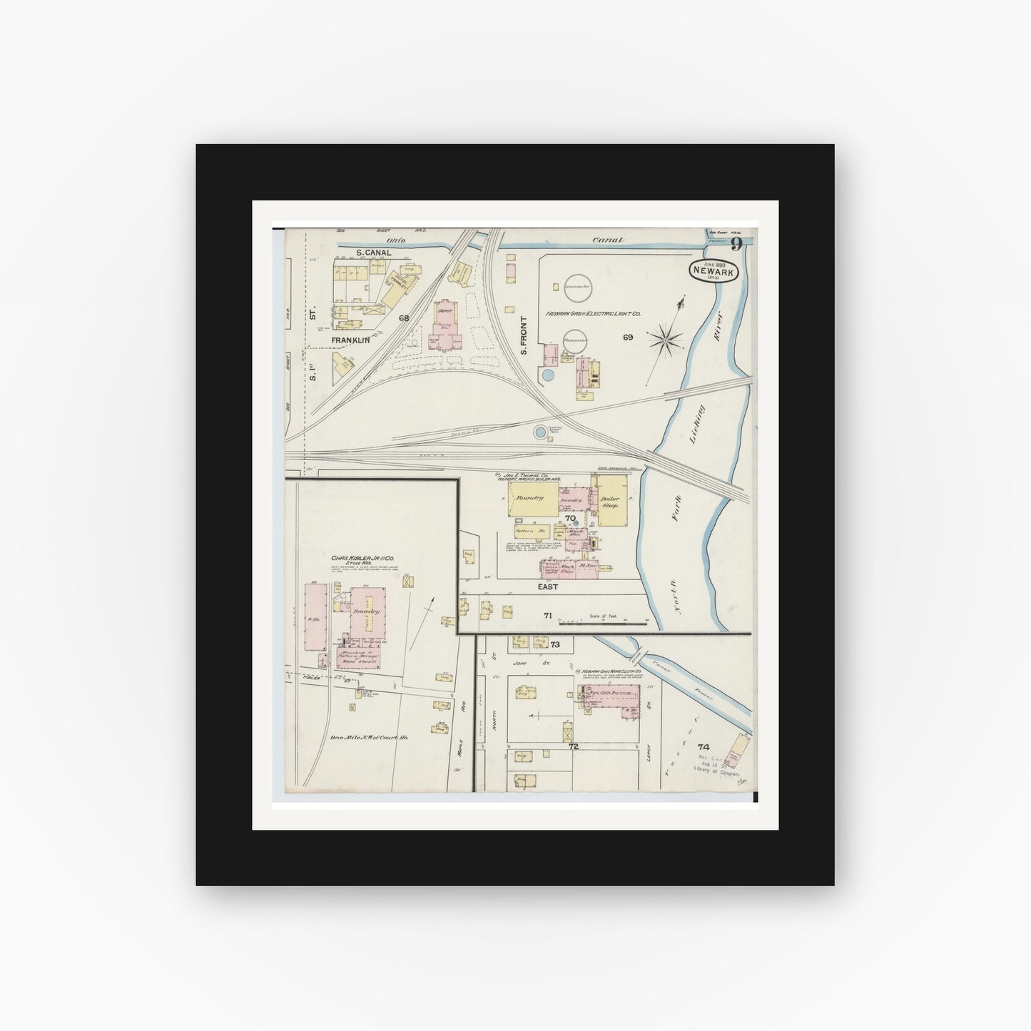 Old map wall art mockup — black gallery frame with white mat — Sanborn Fire Insurance Map from Newark, Licking County, Ohio (1889), Sheet #0009