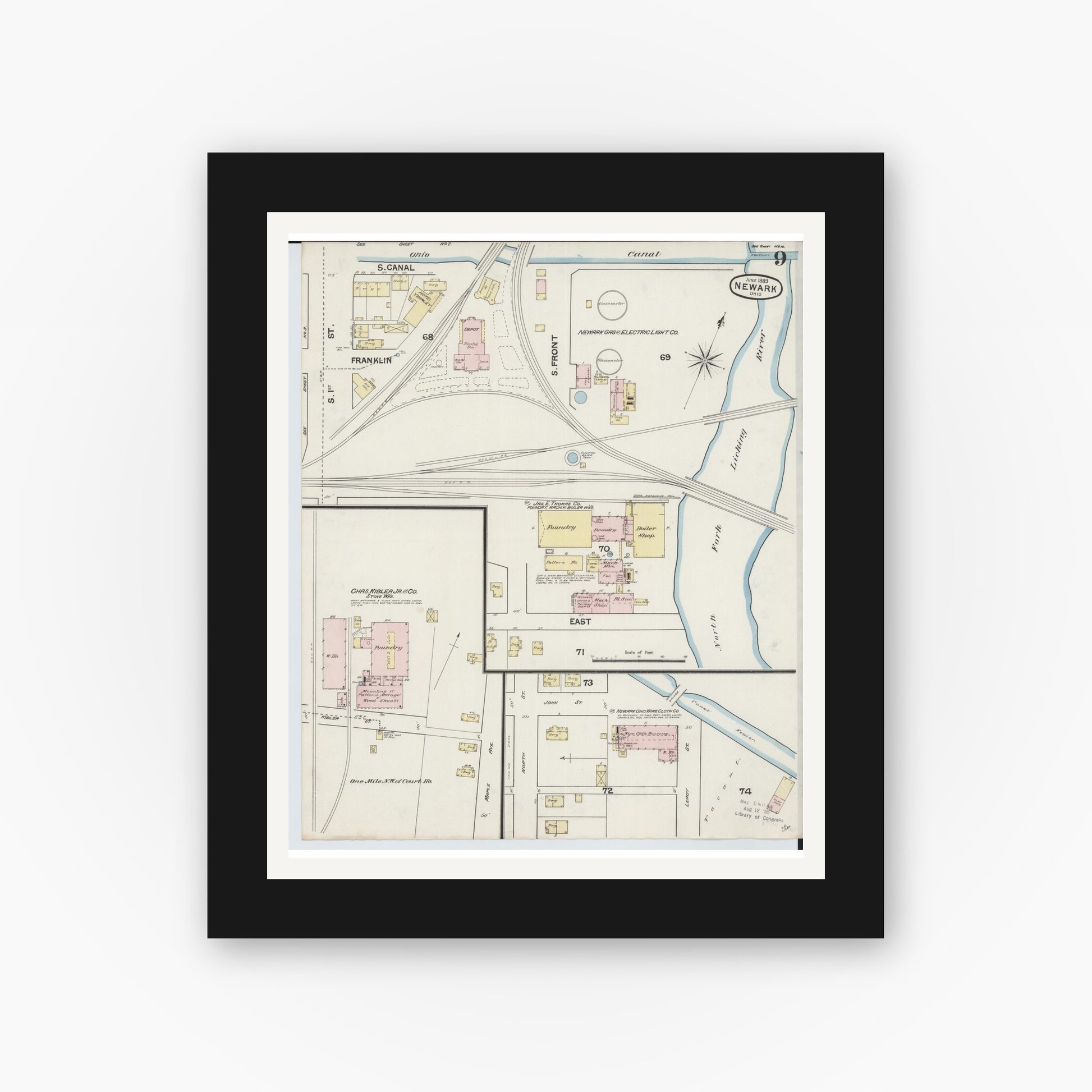 Old map wall art mockup — black gallery frame with white mat — Sanborn Fire Insurance Map from Newark, Licking County, Ohio (1889), Sheet #0009