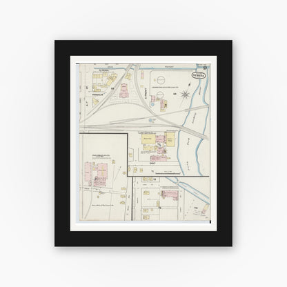 Old map wall art mockup — black gallery frame with white mat — Sanborn Fire Insurance Map from Newark, Licking County, Ohio (1889), Sheet #0009