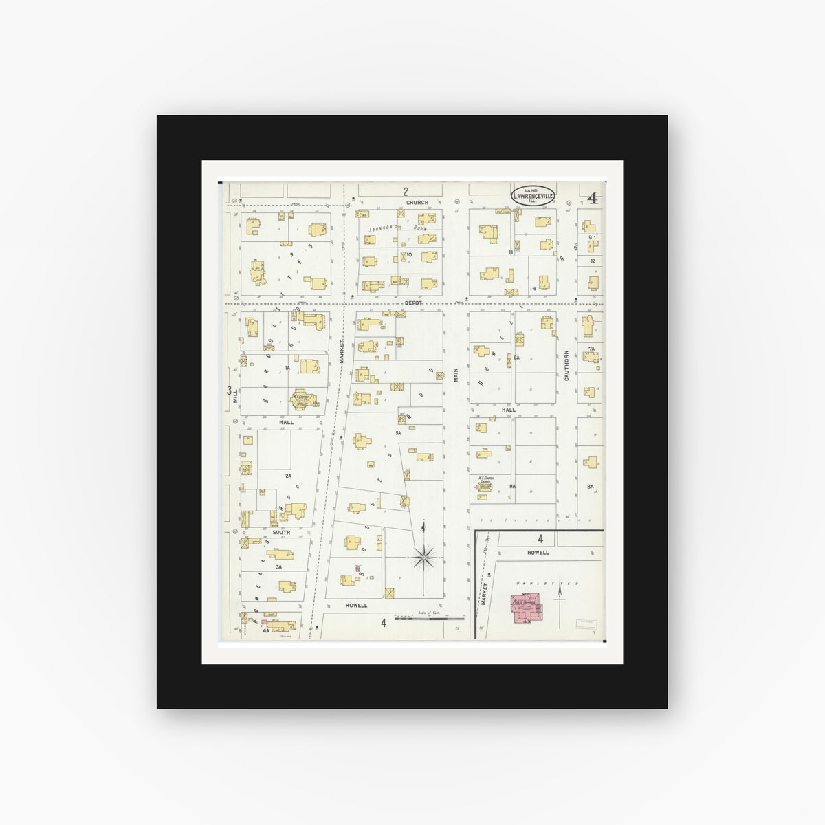 Old map wall art mockup — black gallery frame with white mat — Sanborn Fire Insurance Map from Lawrenceville, Lawrence County, Illinois (1901), Sheet #0004