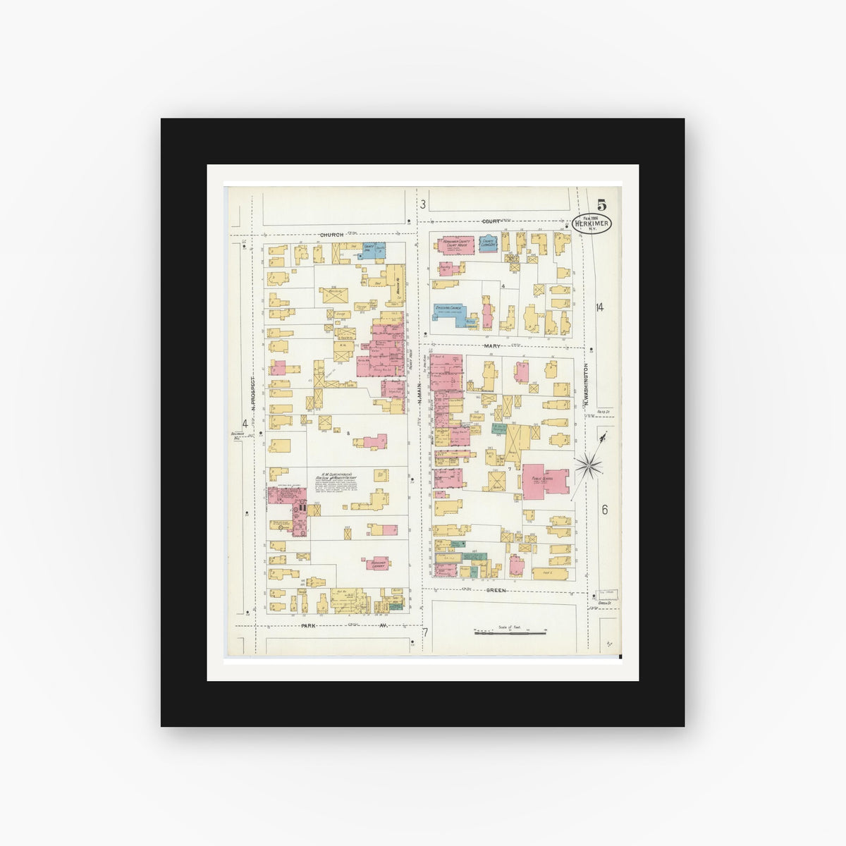 Old map wall art mockup — black gallery frame with white mat — Sanborn Fire Insurance Map from Herkimer, Herkimer County, New York (1906), Sheet #0005