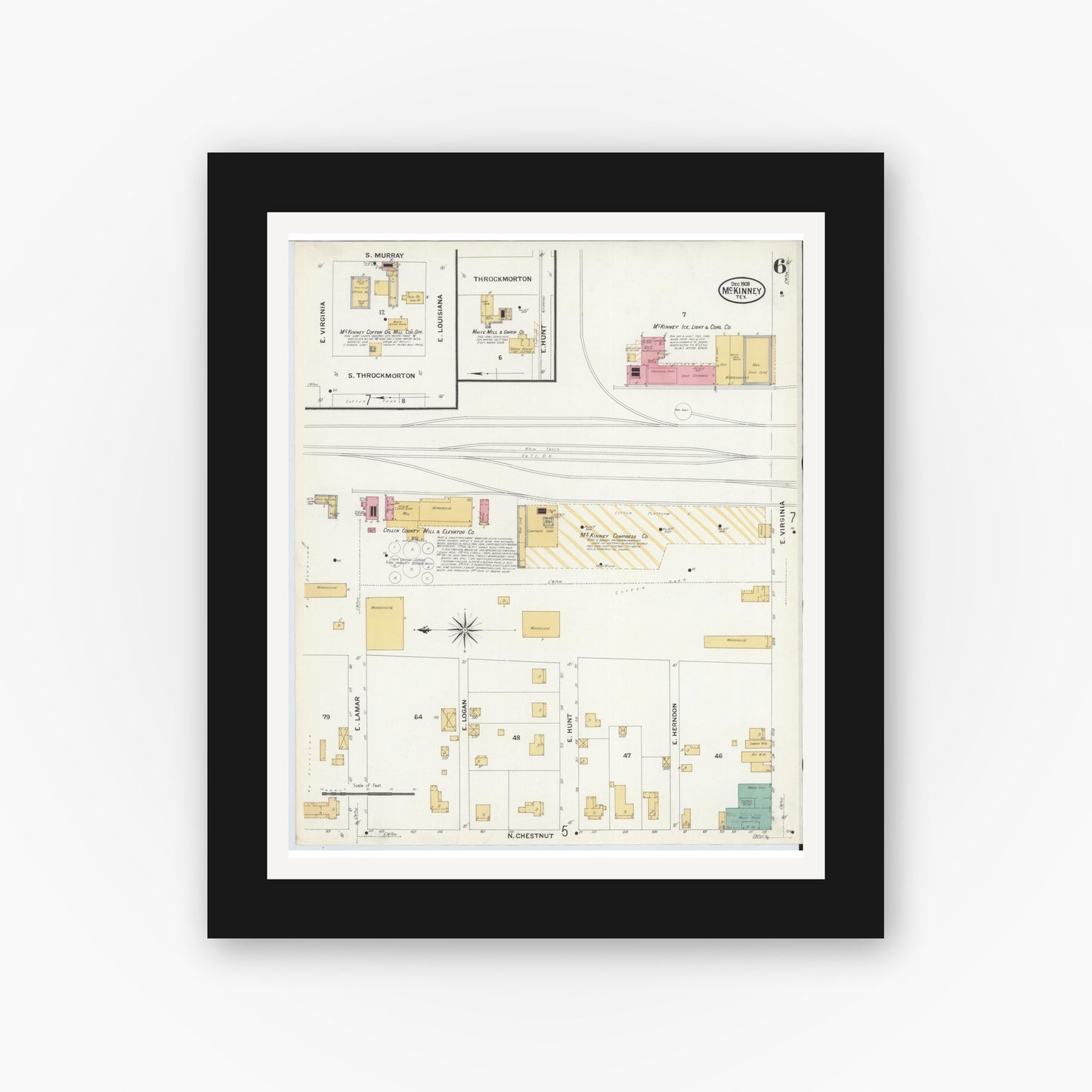 Old map wall art mockup — black gallery frame with white mat — Sanborn Fire Insurance Map from McKinney, Collin County, Texas (1908), Sheet #0006
