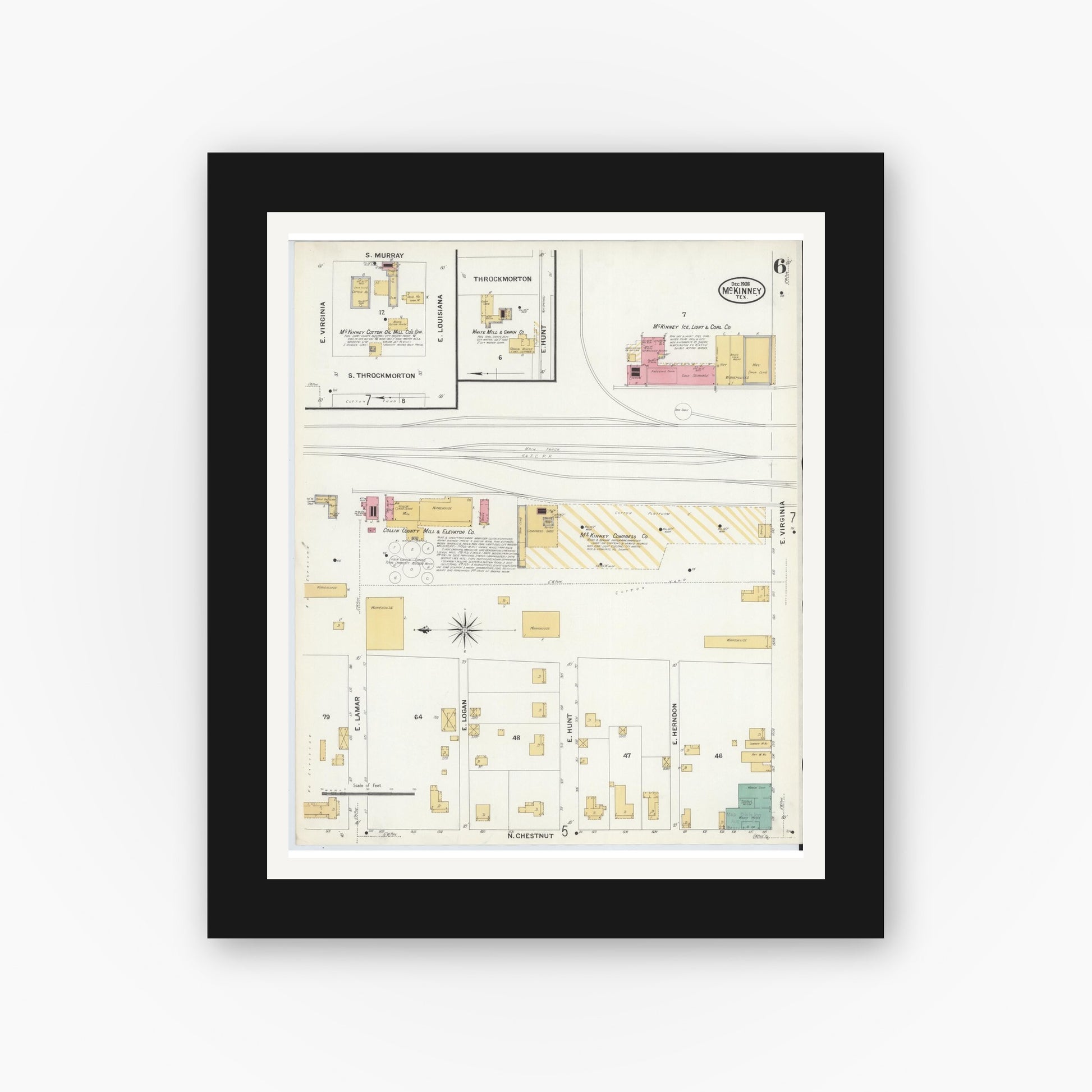 Old map wall art mockup — black gallery frame with white mat — Sanborn Fire Insurance Map from McKinney, Collin County, Texas (1908), Sheet #0006