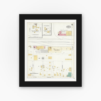 Old map wall art mockup — black gallery frame with white mat — Sanborn Fire Insurance Map from McKinney, Collin County, Texas (1908), Sheet #0006