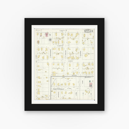 Old map wall art mockup — black gallery frame with white mat — Sanborn Fire Insurance Map from Monticello, Piatt County, Illinois (1909), Sheet #0005